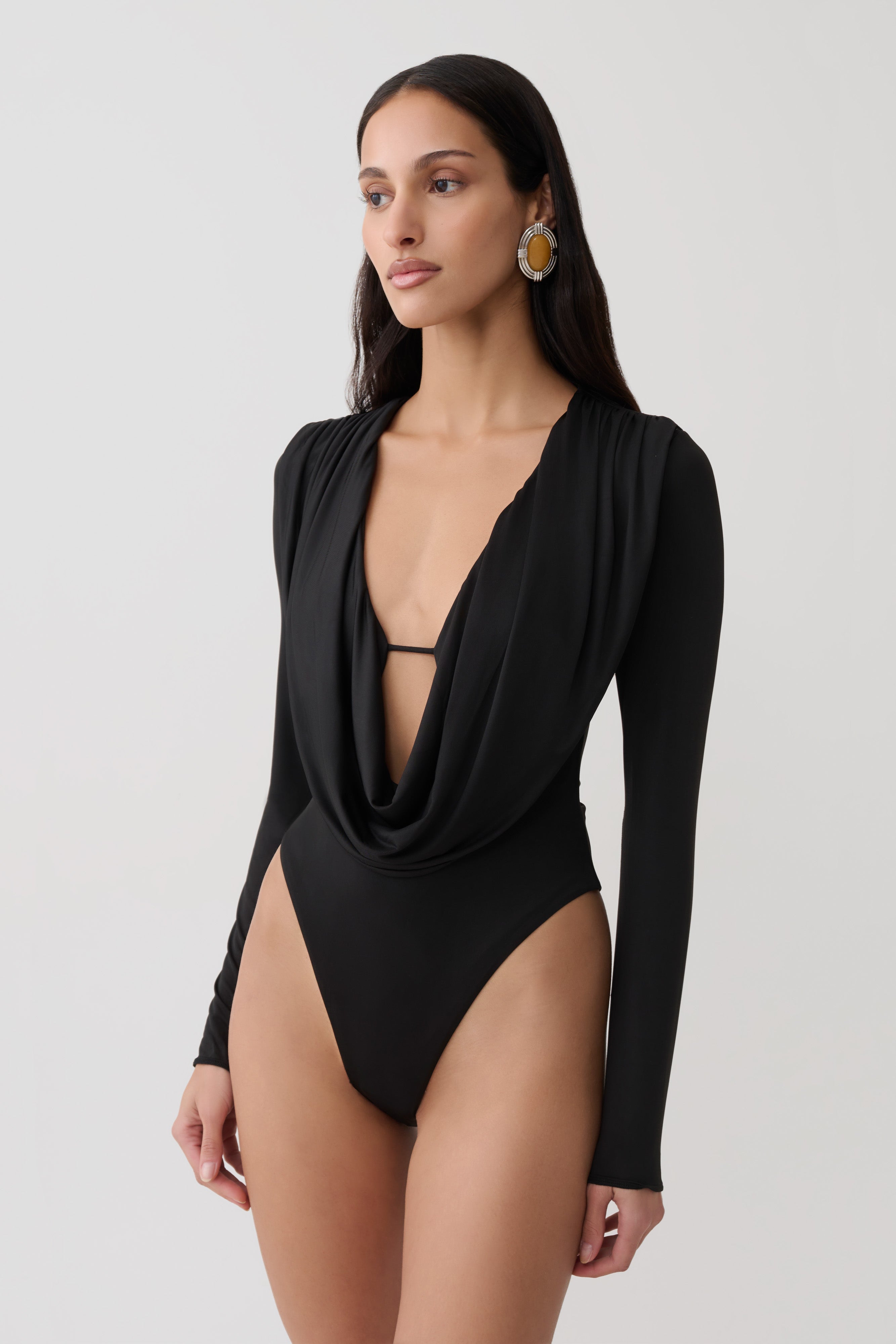 Ren Cowl Long Sleeve Slinky Bodysuit - Black | MESHKI US