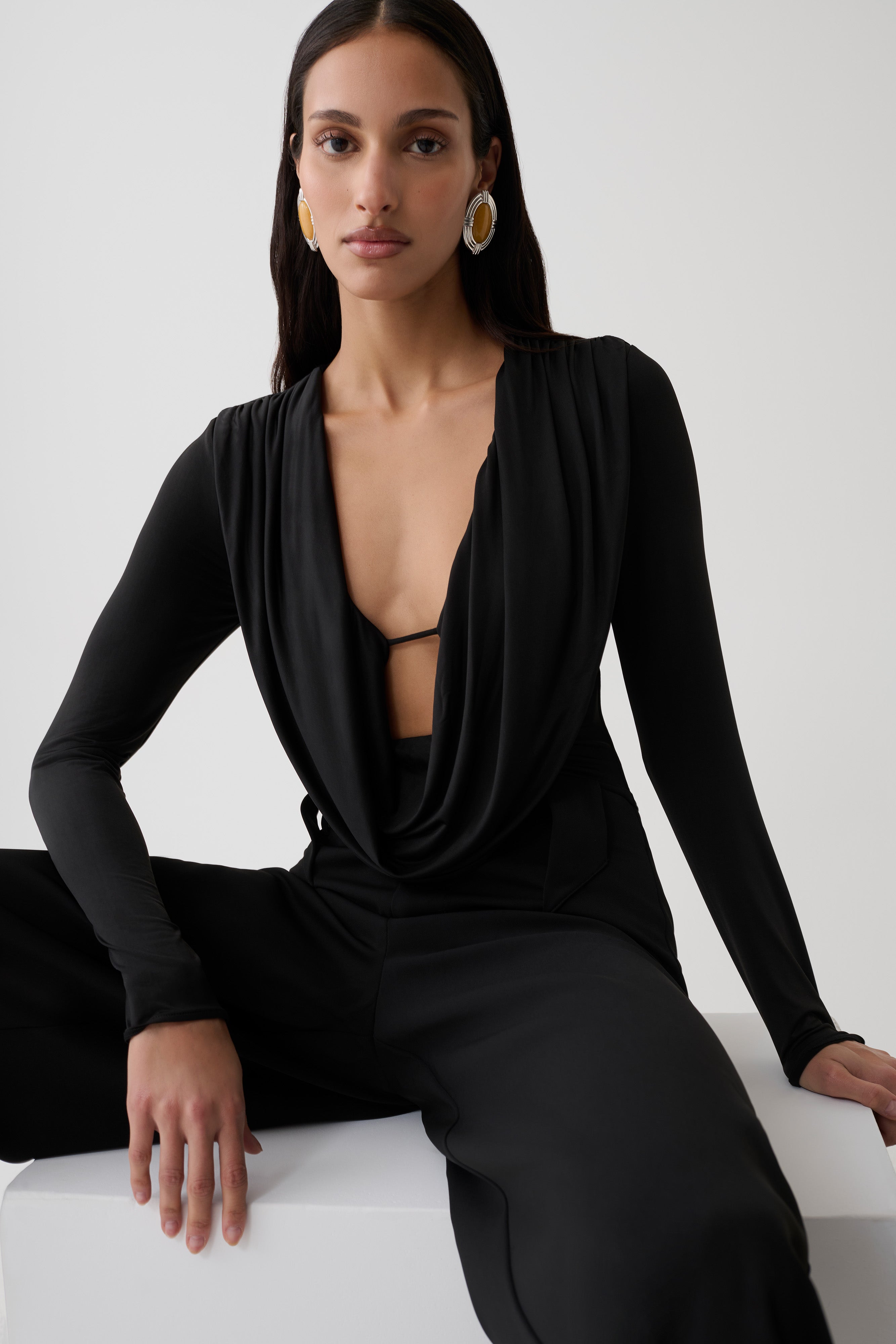 Ren Cowl Long Sleeve Slinky Bodysuit - Black | MESHKI US