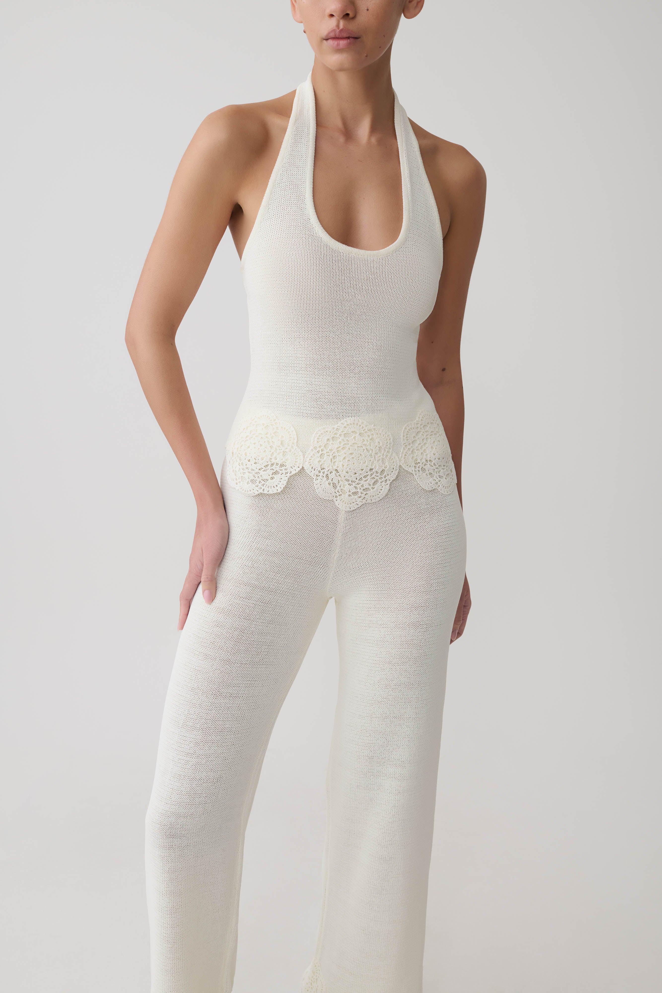 Salley Crochet Halter Longline Top - Ivory | MESHKI US