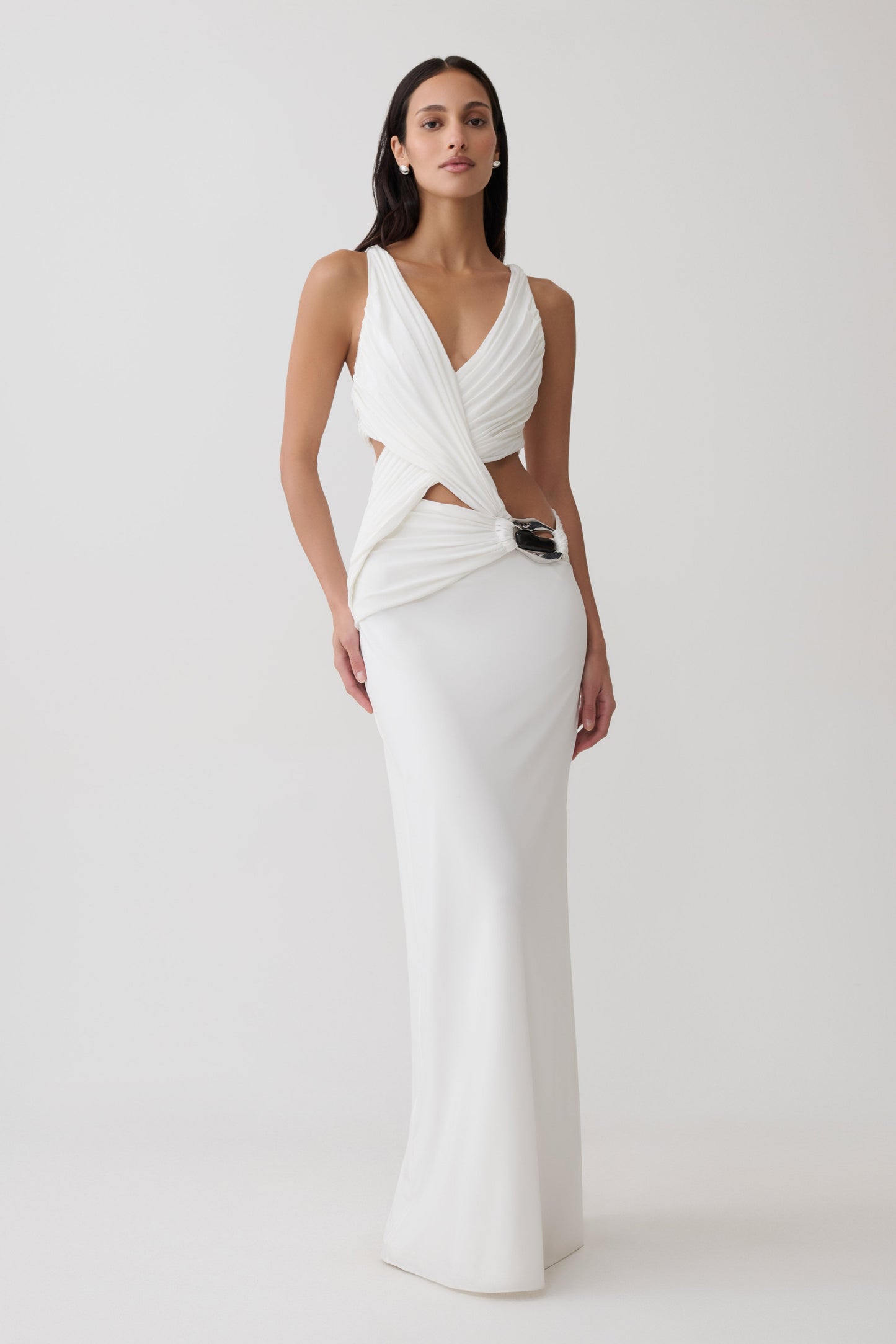 Klein Draped Jersey Gown With Hardware - White
