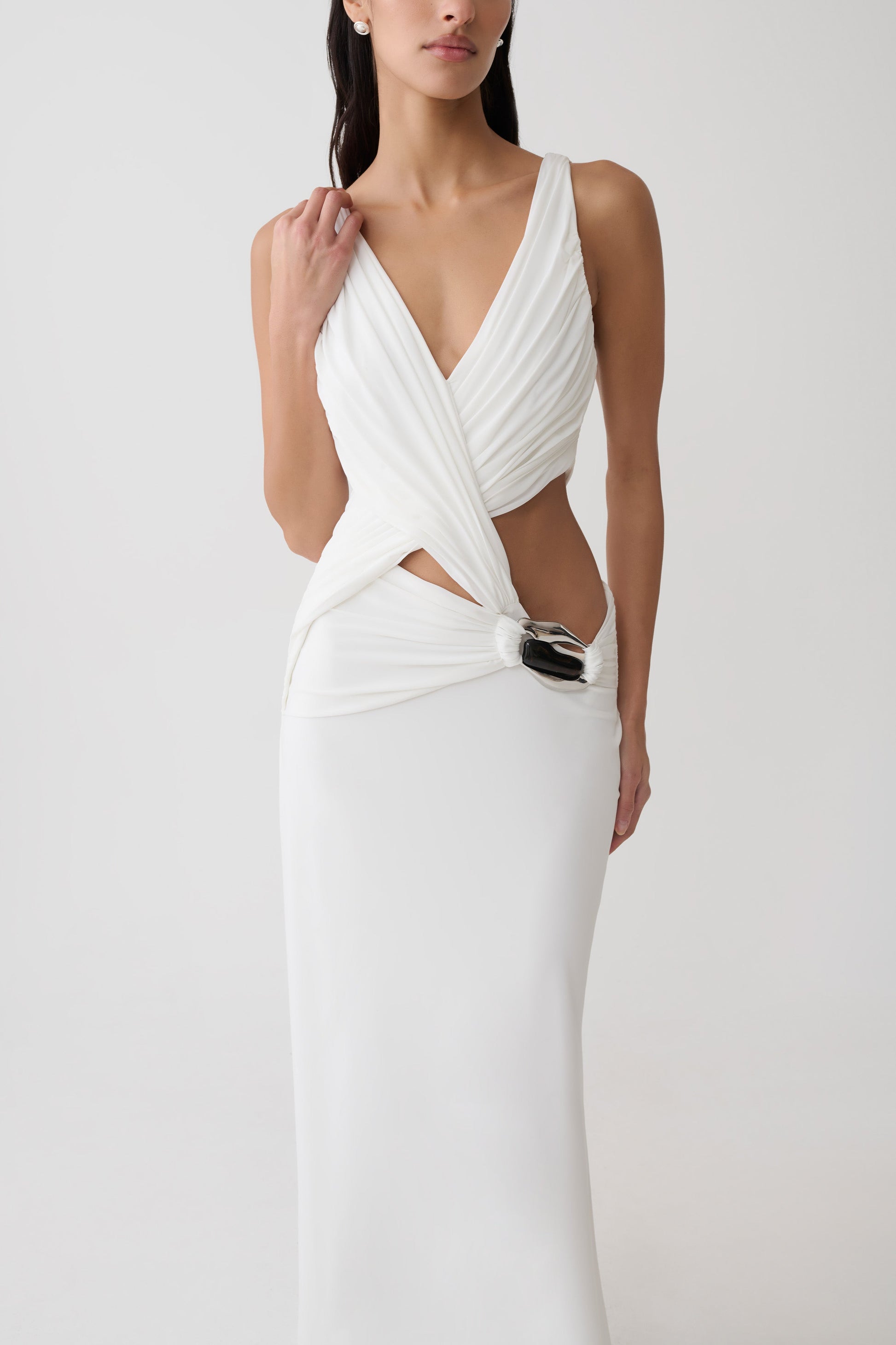 Klein Draped Jersey Gown With Hardware - White #3