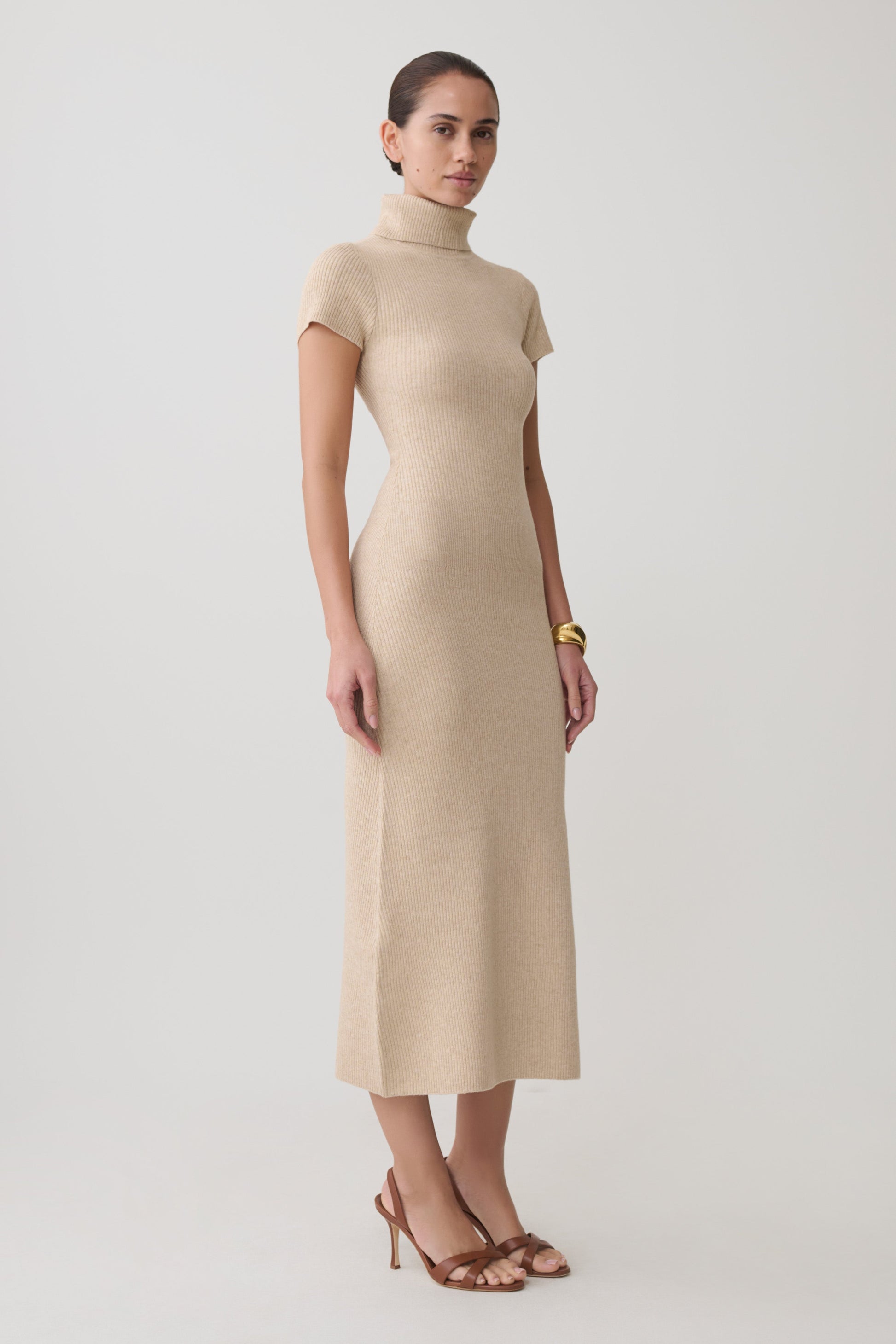 Goldie High Neck Knit Midi Dress - Camel #4