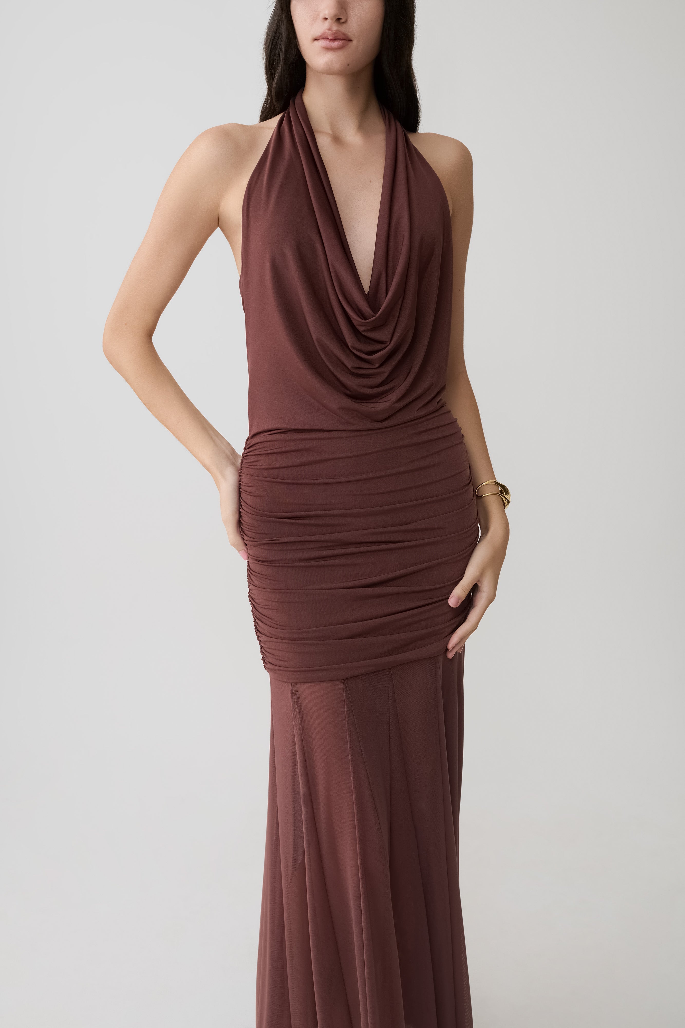 Jorja Draped Halter Slinky Maxi Dress - Chocolate | MESHKI US