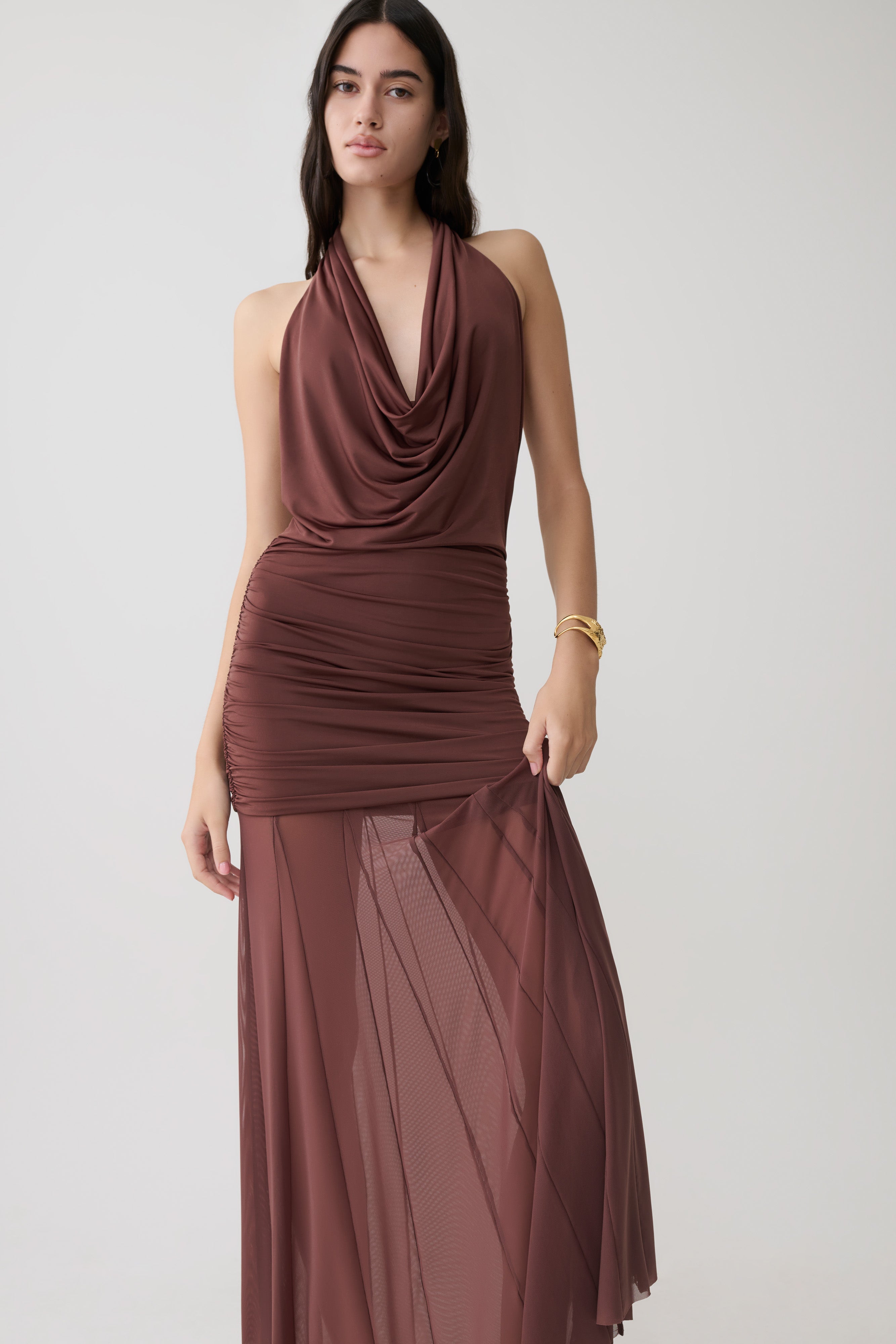 Jorja Draped Halter Slinky Maxi Dress - Chocolate | MESHKI US Jorja Draped Halter Slinky Maxi Dress - Chocolate | MESHKI US