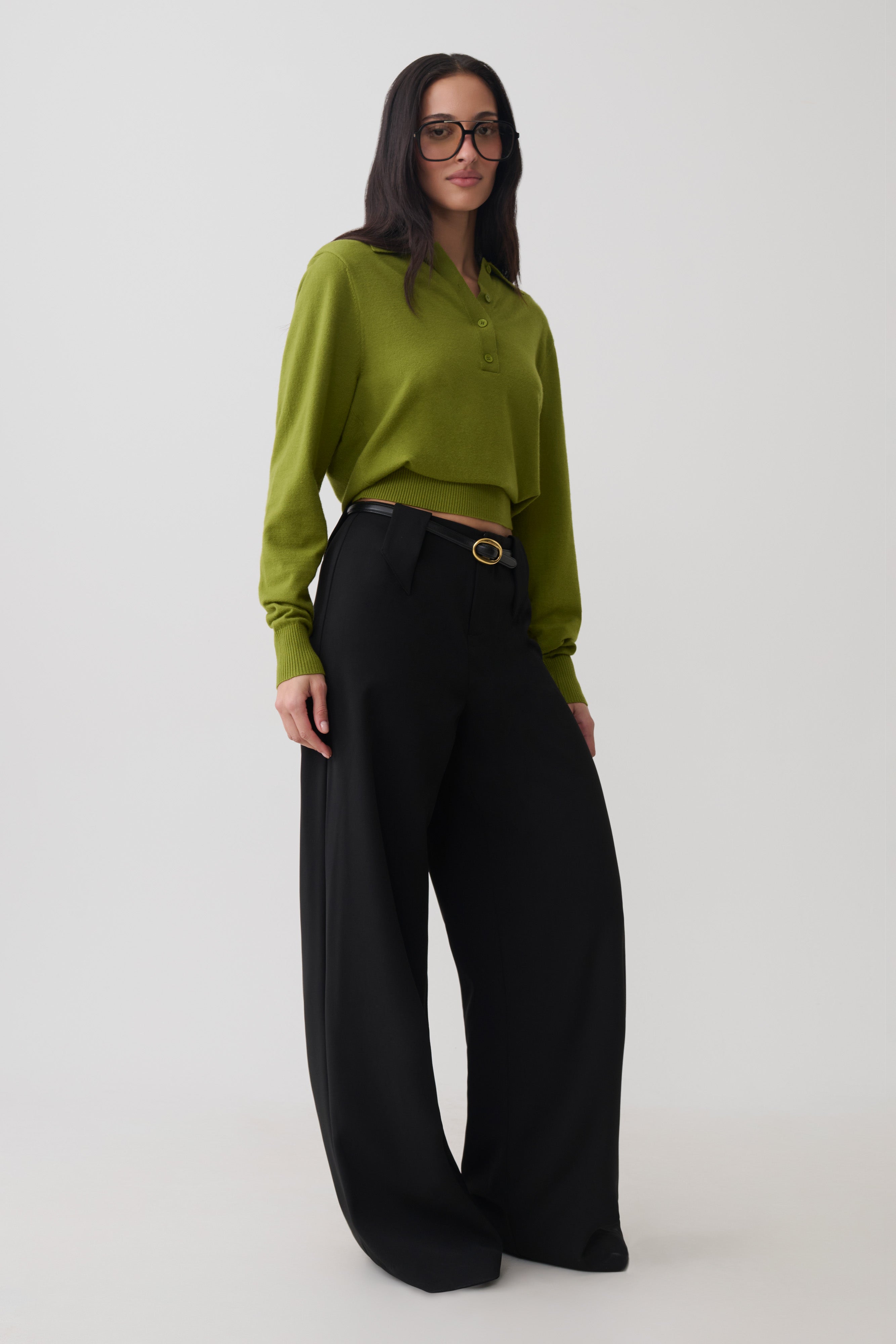 moca　SHOULDER PADS POLO KNIT TOPS Logan Knit Top With Shoulder Pads - Olive | MESHKI US