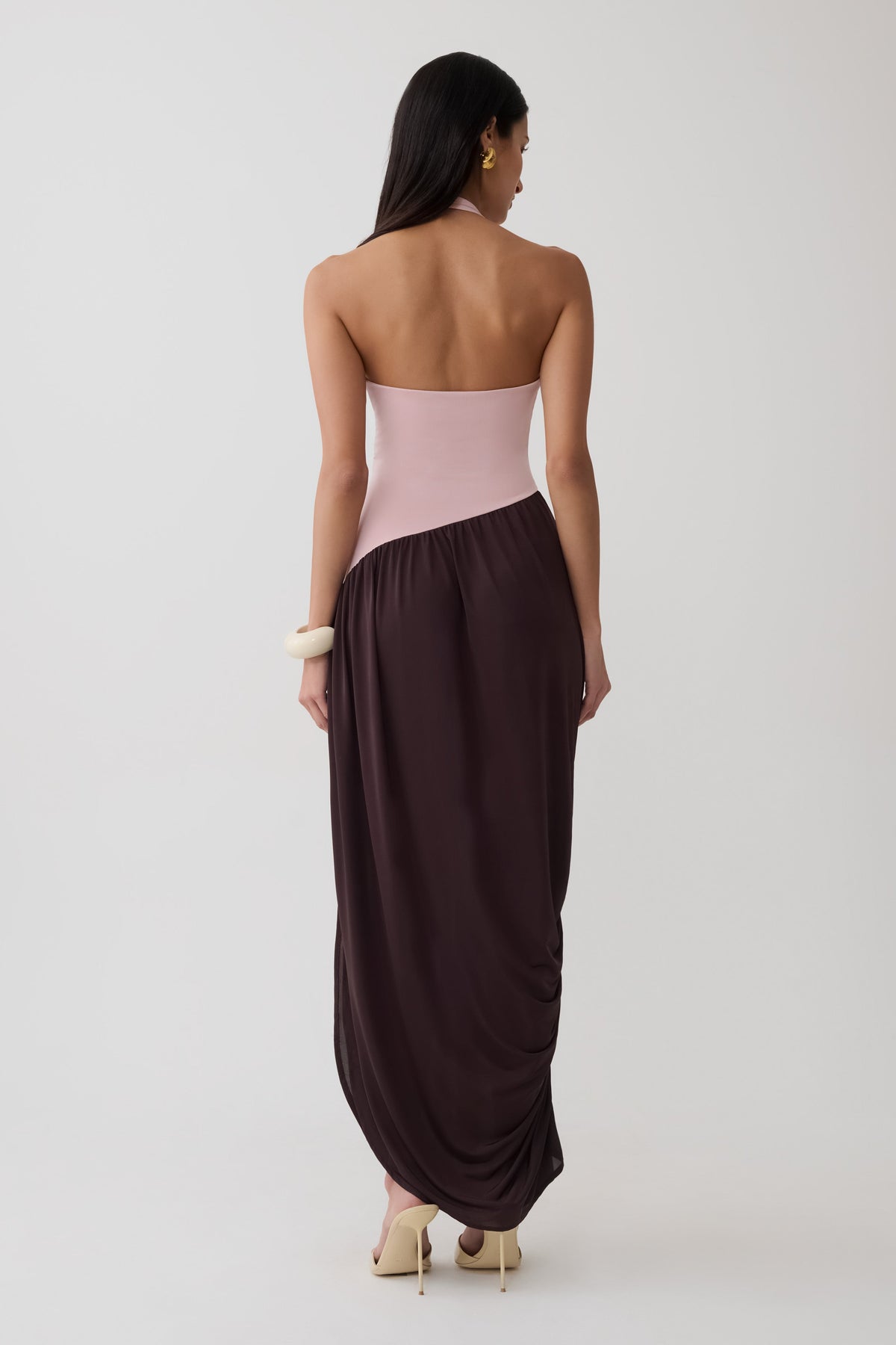 Nari Halter Gathered Maxi Dress - Muted Pink/Dark Chocolate
