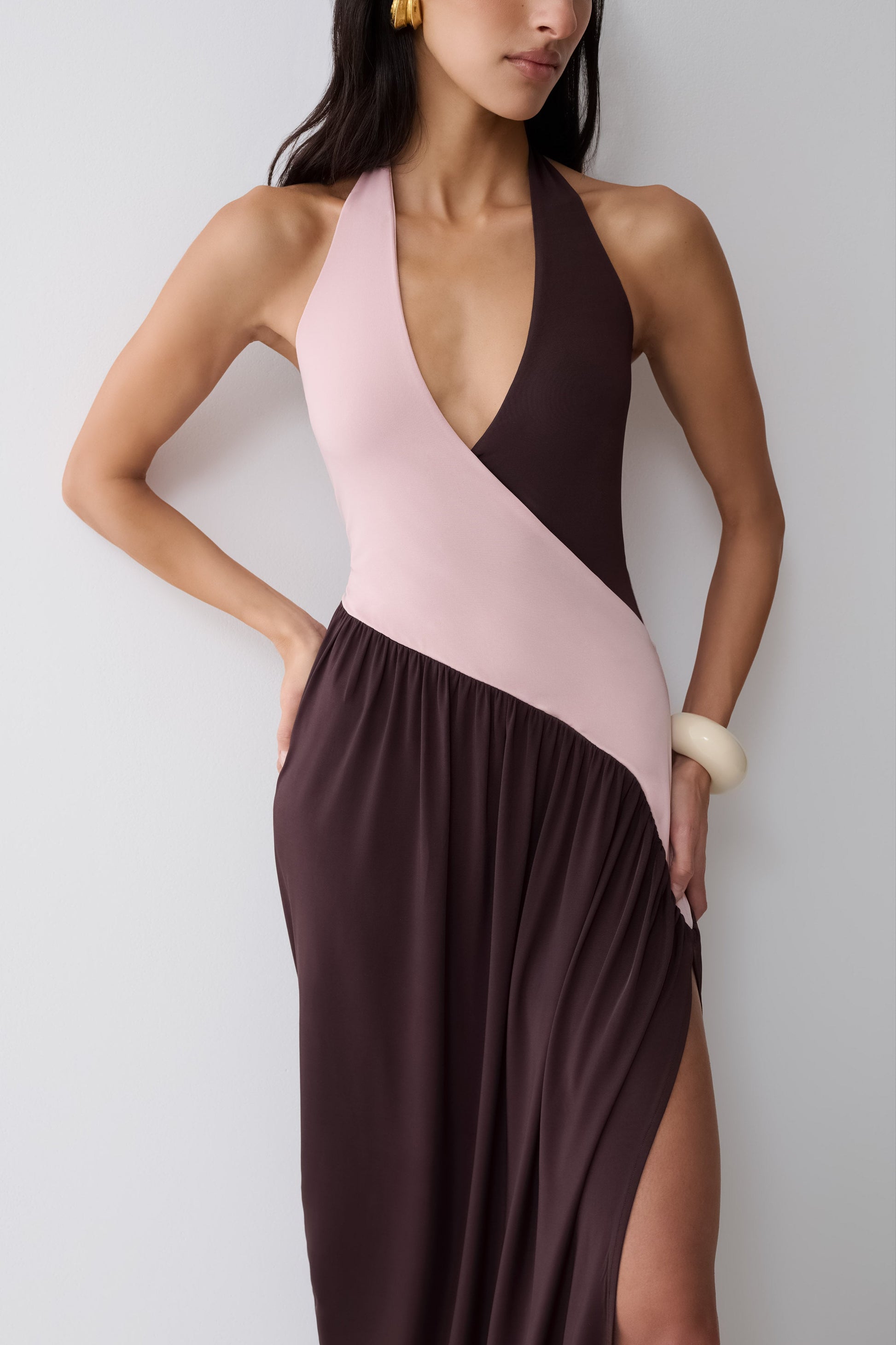 Nari Halter Gathered Maxi Dress - Muted Pink/Dark Chocolate #7