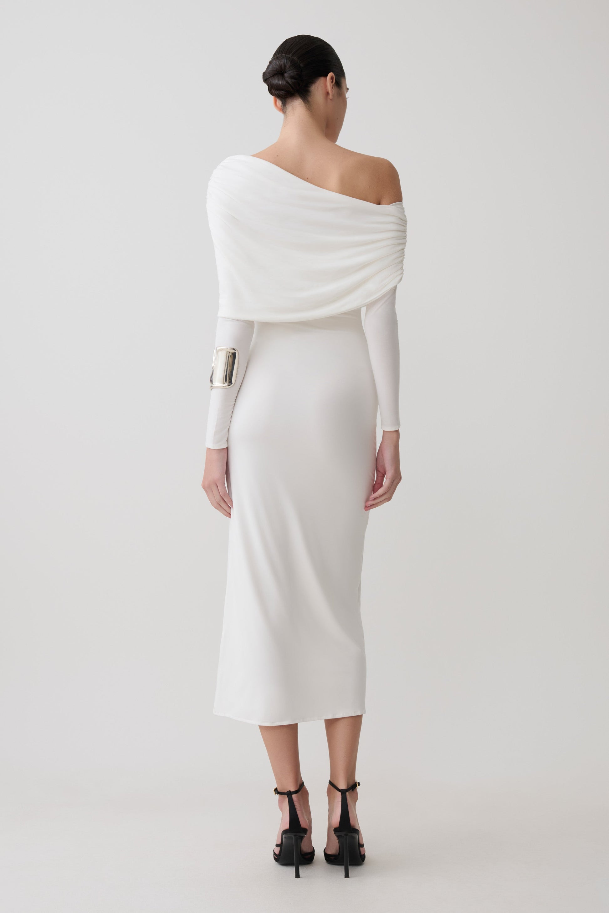 white one shoulder midi dress With Bow Accent 43601 Amelia Midi One Shoulder Dress