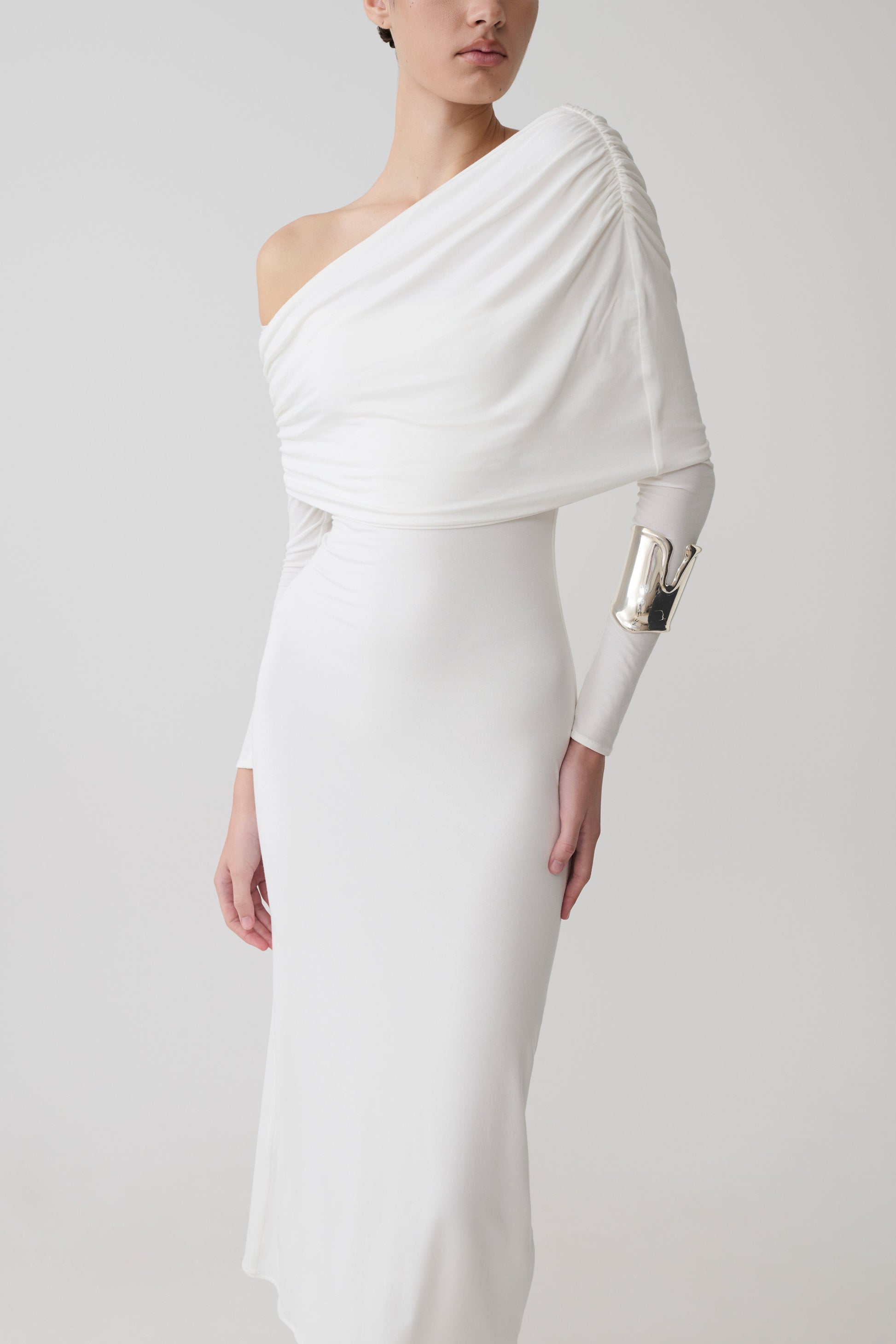 one shoulder white midi dress Casa Del Mar One-Shoulder Ruched Luxurious one Dazzling Decadence One Shoulder Midi