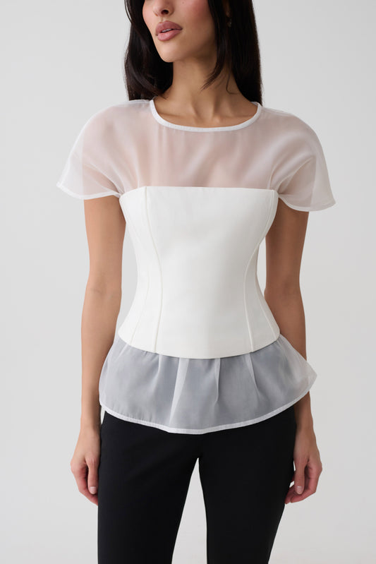 Belle Corset Sheer Short Sleeve Top - Ivory