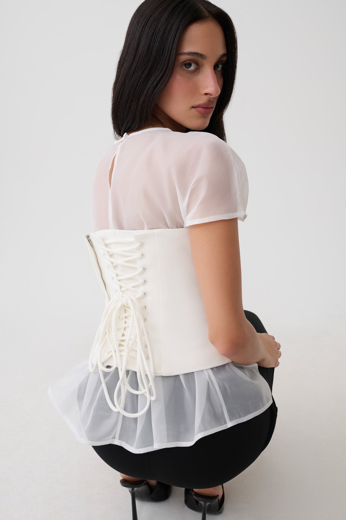 Belle Corset Sheer Short Sleeve Top - Ivory