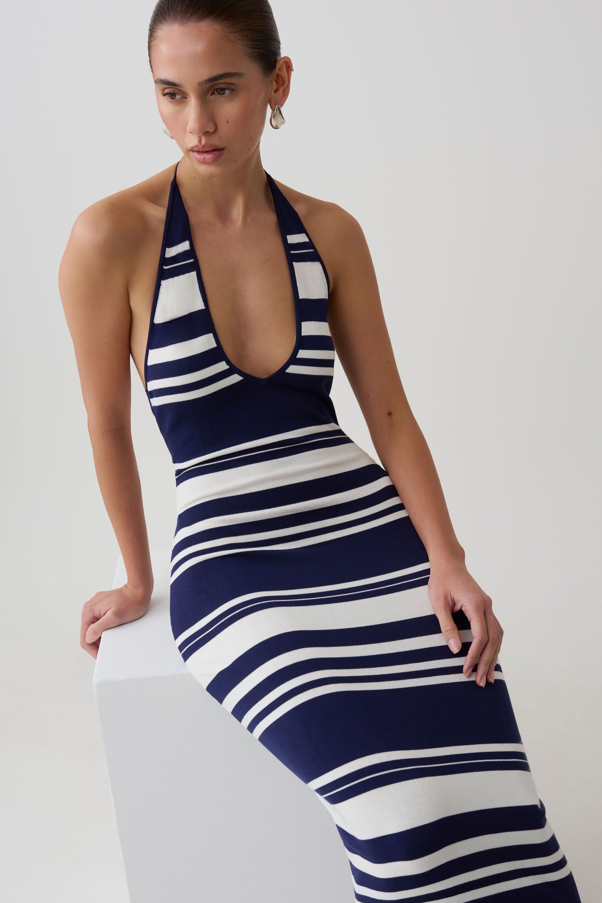 Brienne Stripe Midi Dress / Navy/Ivory | MESHKI