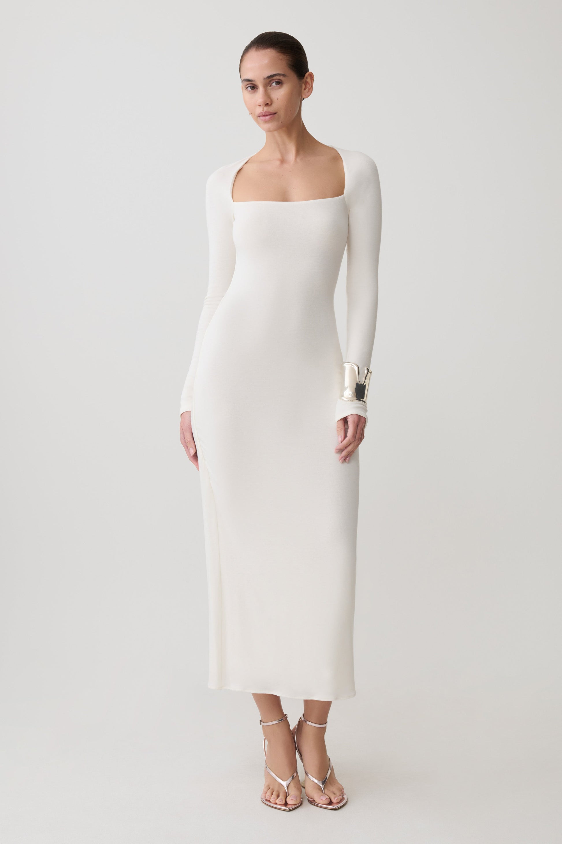 Freja Long Sleeve Wool Midi Dress - White #5