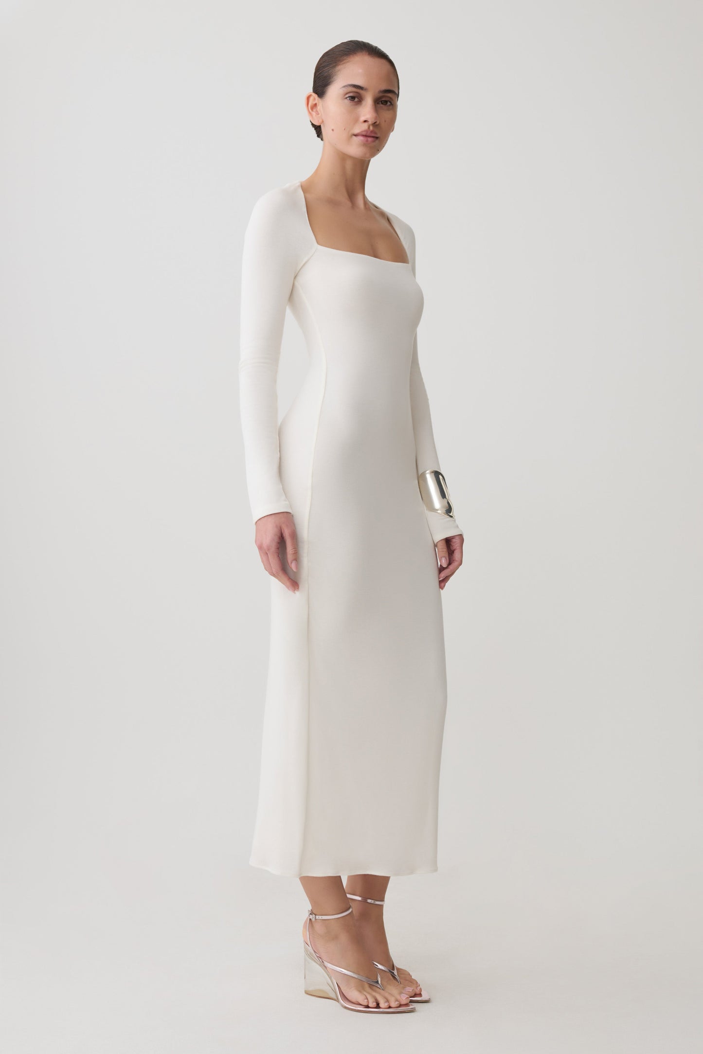 Freja Long Sleeve Wool Midi Dress - White