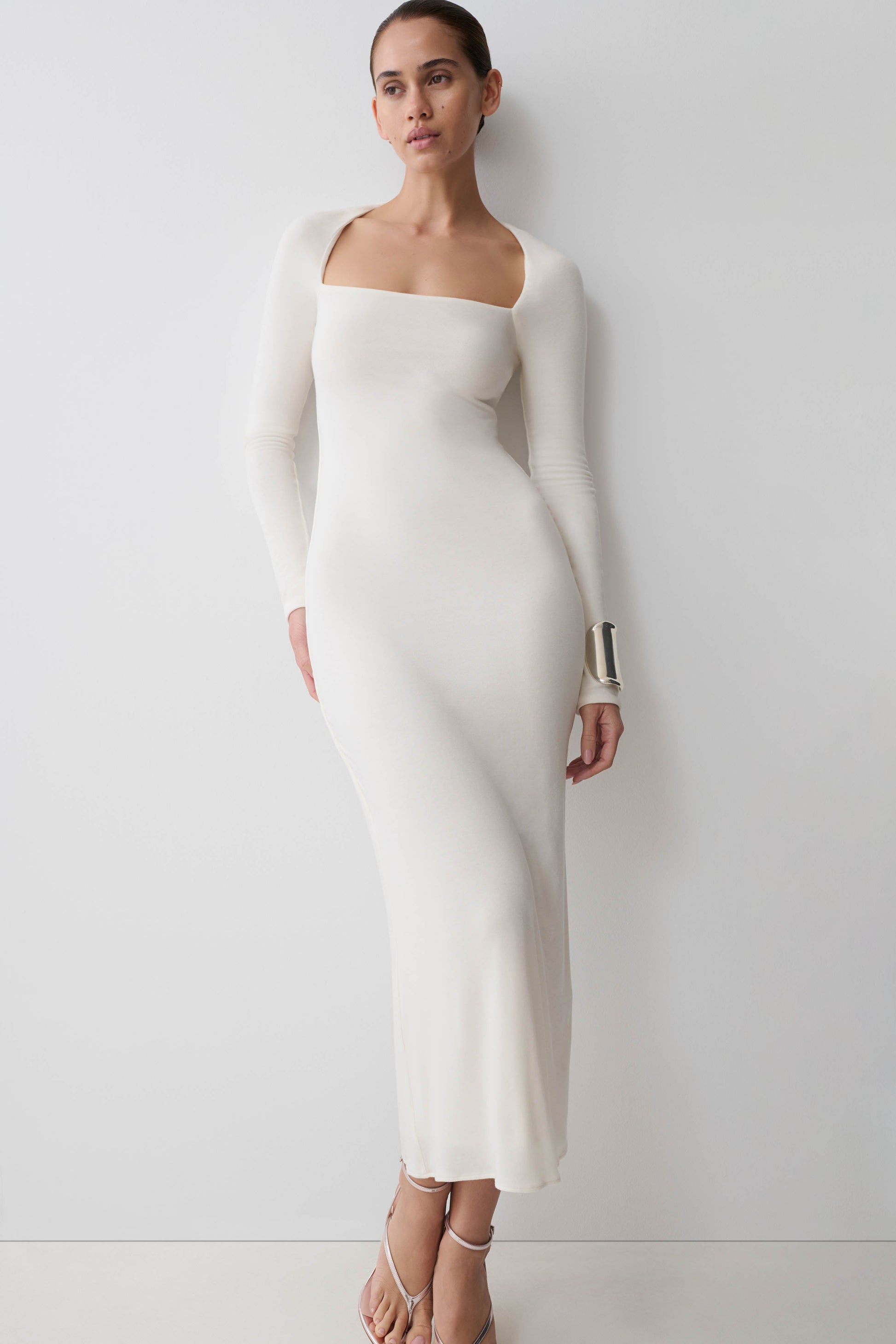 Freja Long Sleeve Wool Midi Dress - White #4