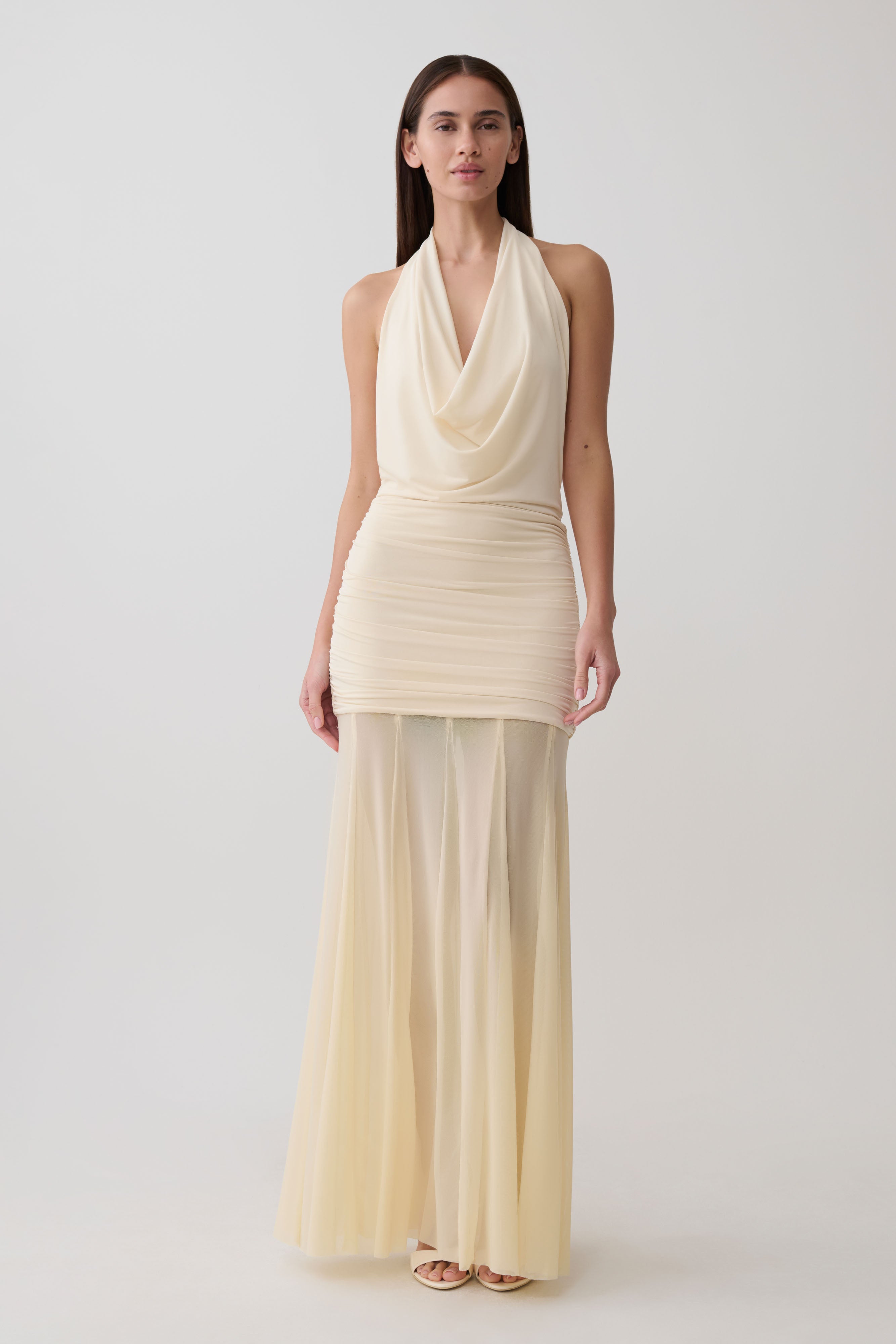 Jorja Draped Halter Slinky Maxi Dress - Ivory | MESHKI US