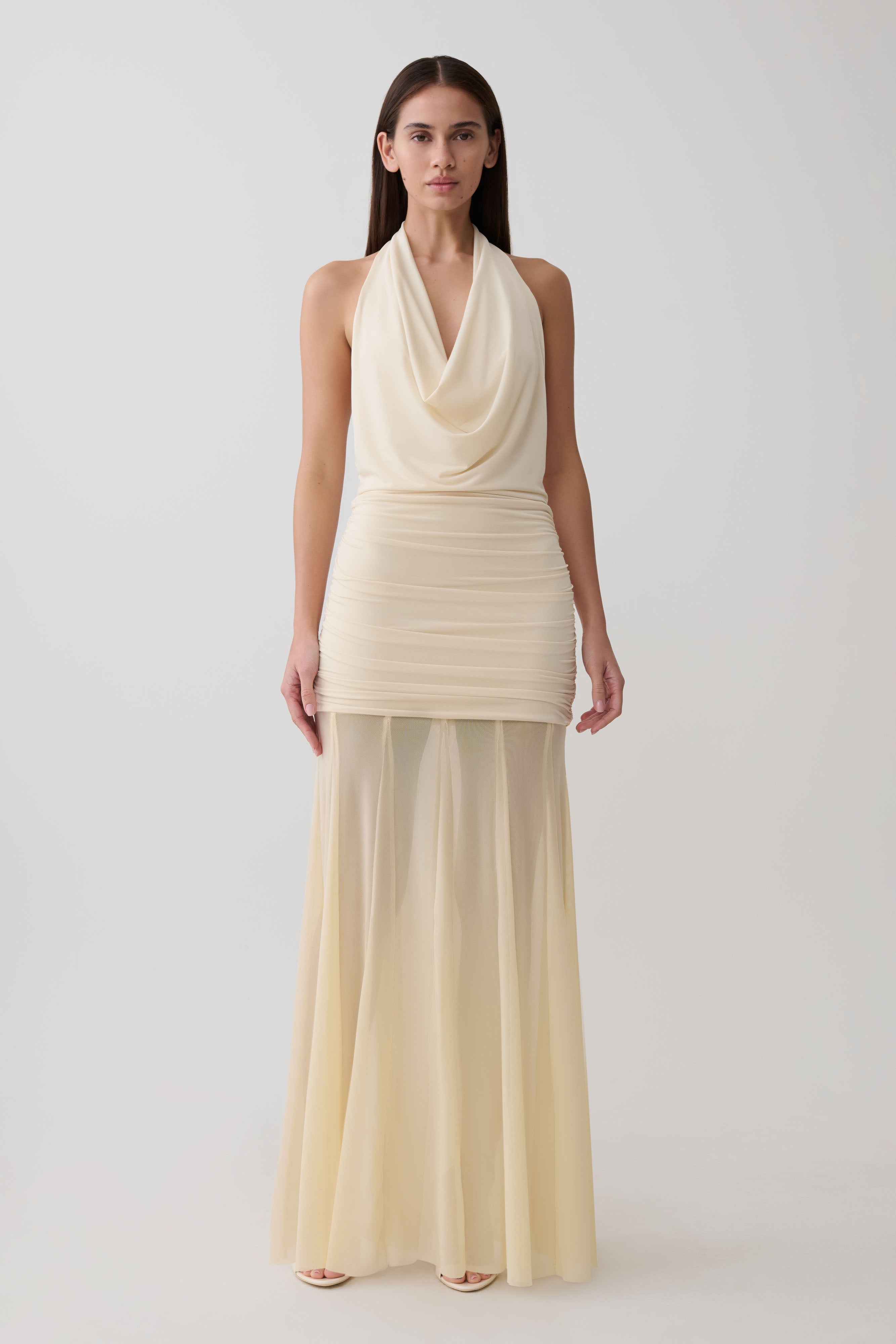 Jorja Draped Halter Slinky Maxi Dress - Ivory | MESHKI US