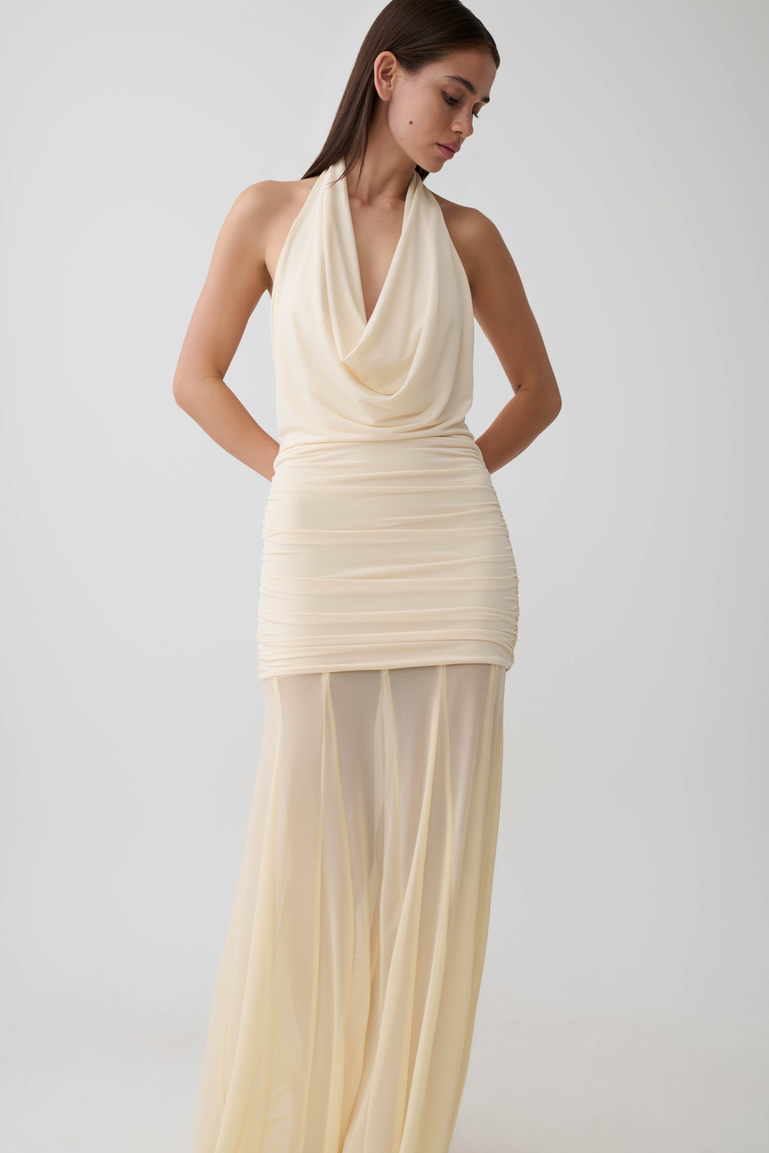Jorja Draped Halter Slinky Maxi Dress - Ivory | MESHKI US