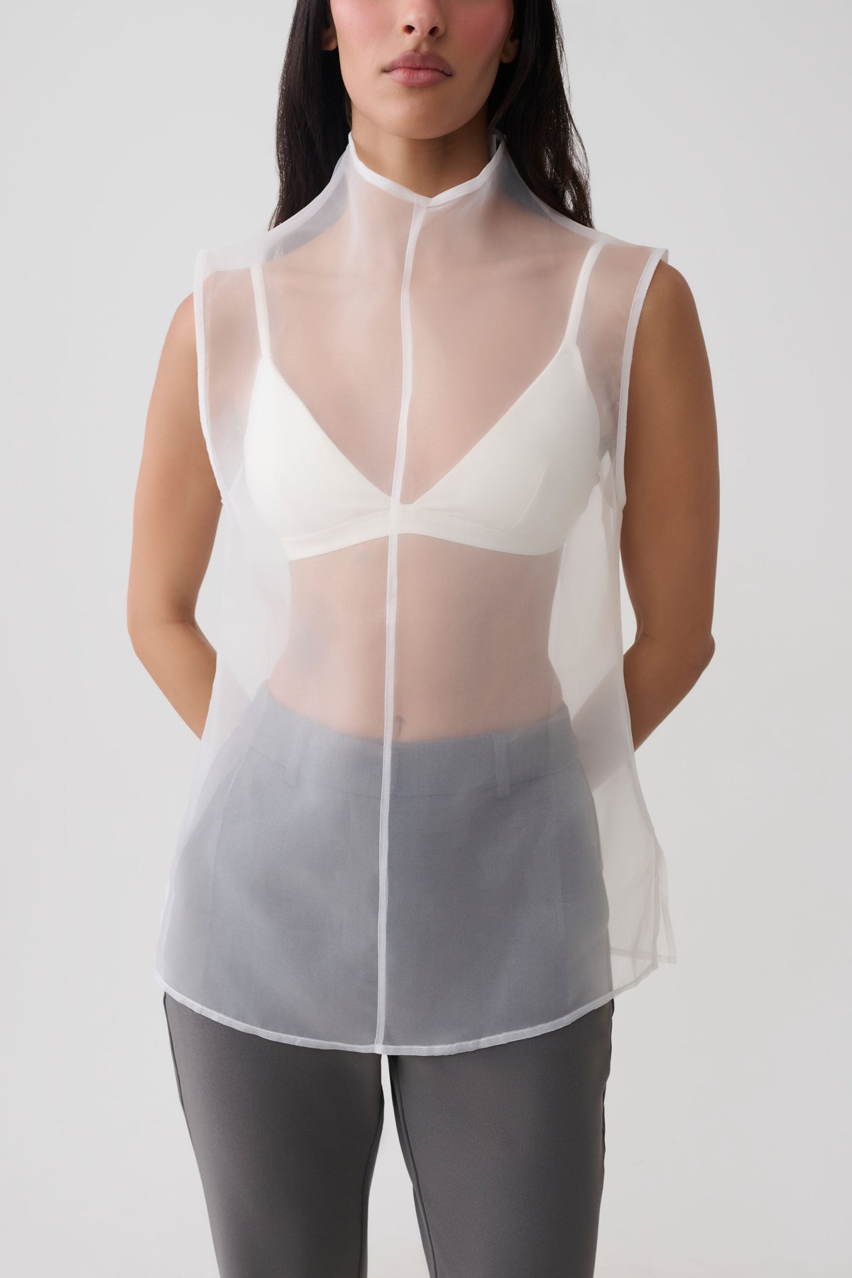 Lillian High Neck Sheer Sleeveless Top - White #4