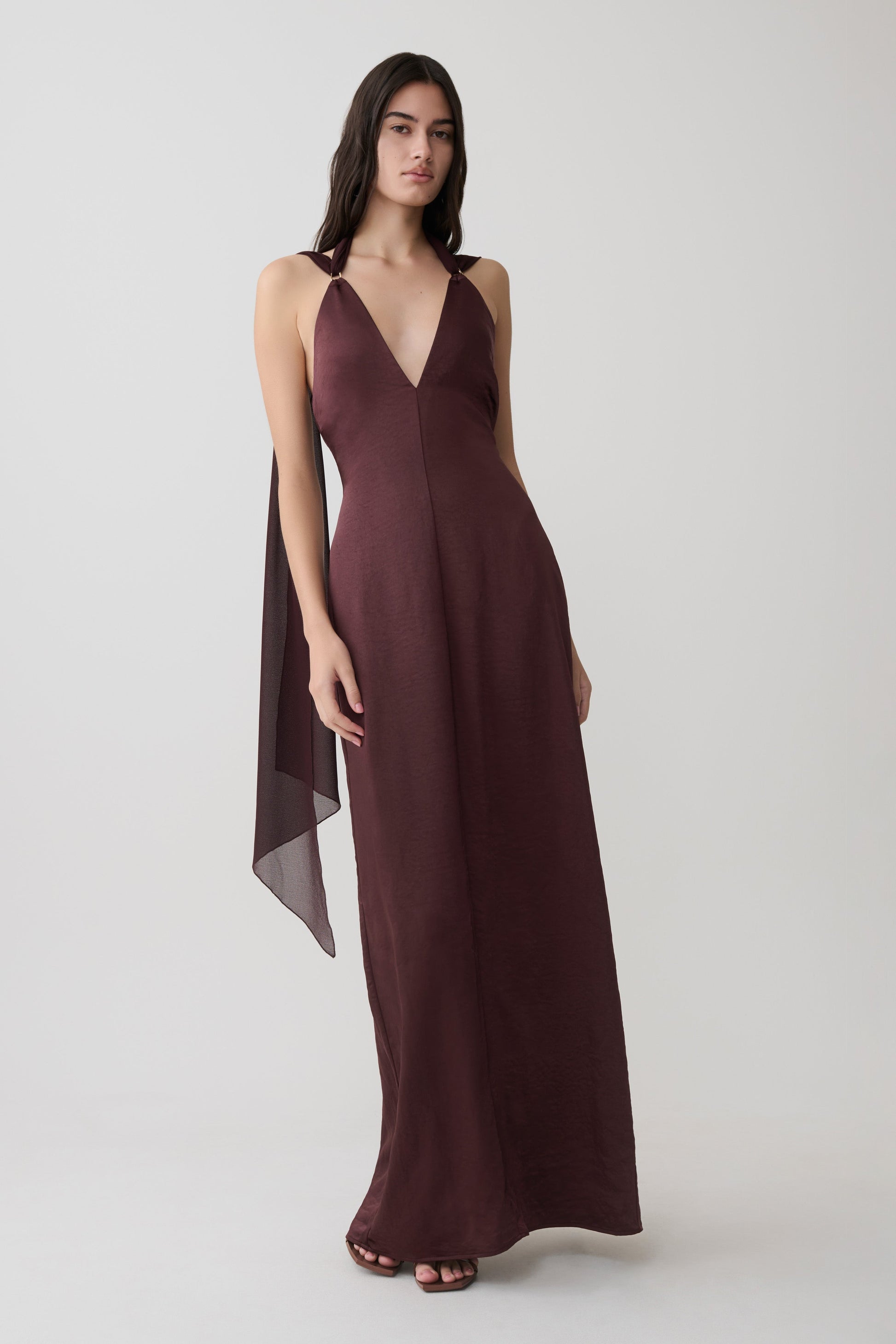 Myla Draped Shoulders Satin Maxi Dress / Chocolate | MESHKI