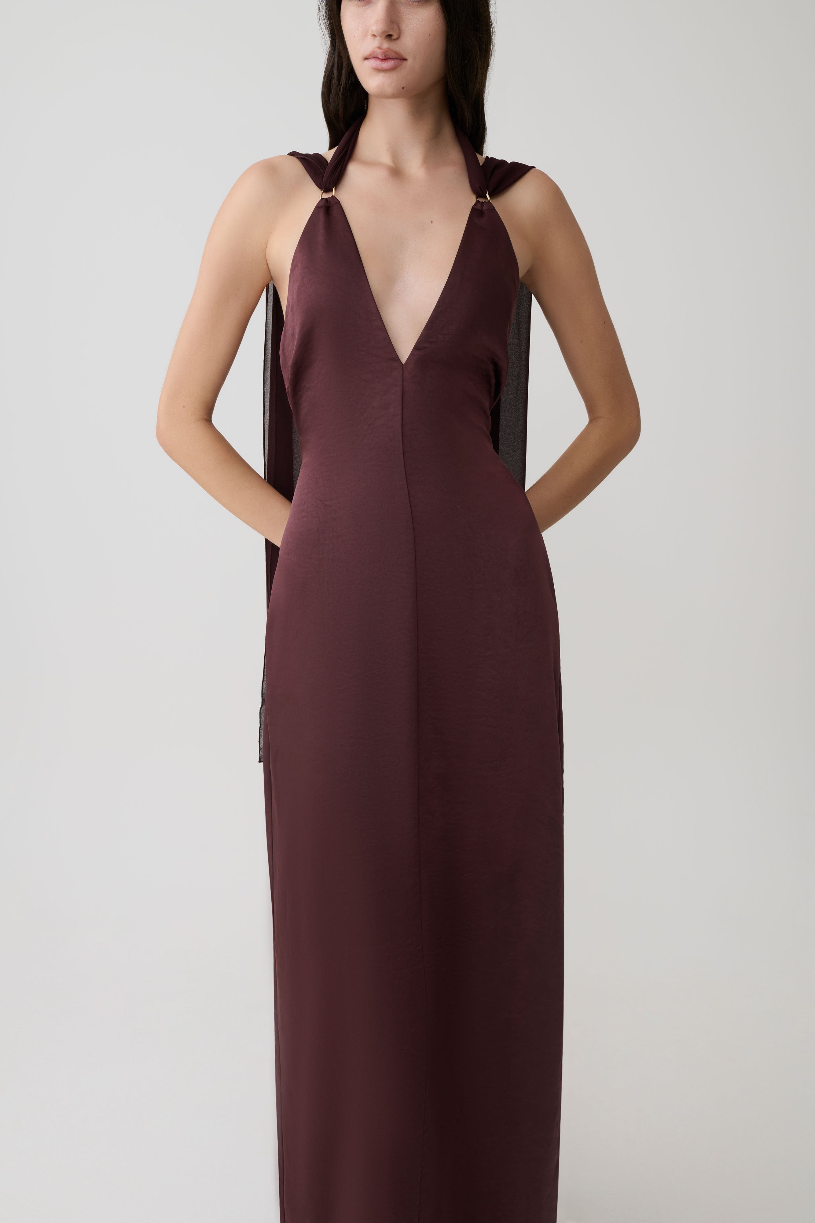 Myla Draped Shoulders Satin Maxi Dress - Chocolate | MESHKI US