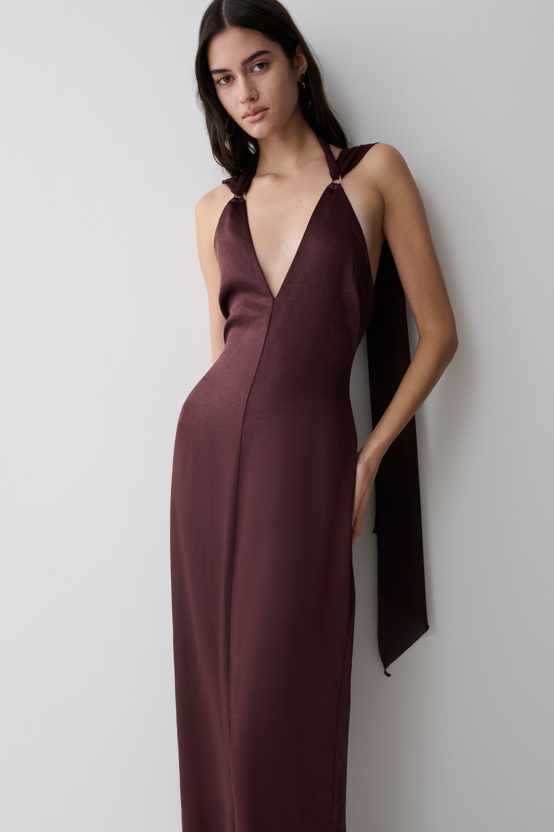 Myla Draped Shoulders Satin Maxi Dress - Chocolate #7