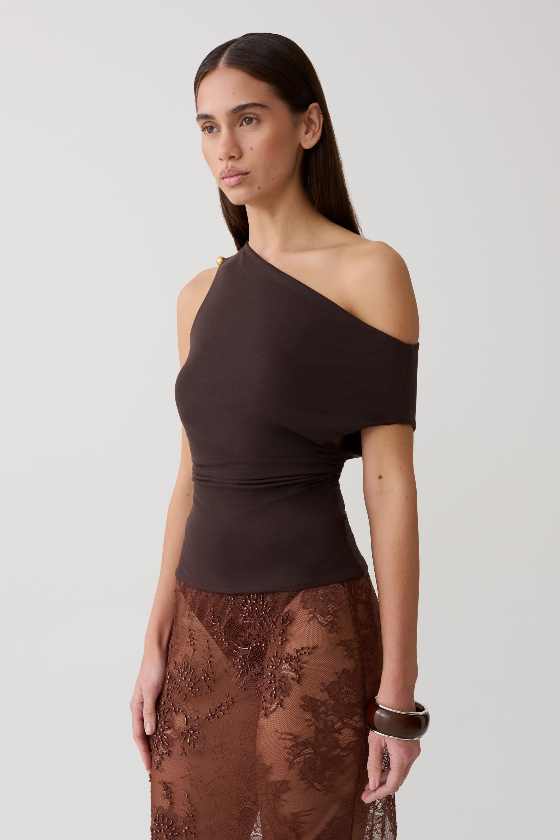 Yuna Short Sleeve Draped Hardware Top - Chocolate #3