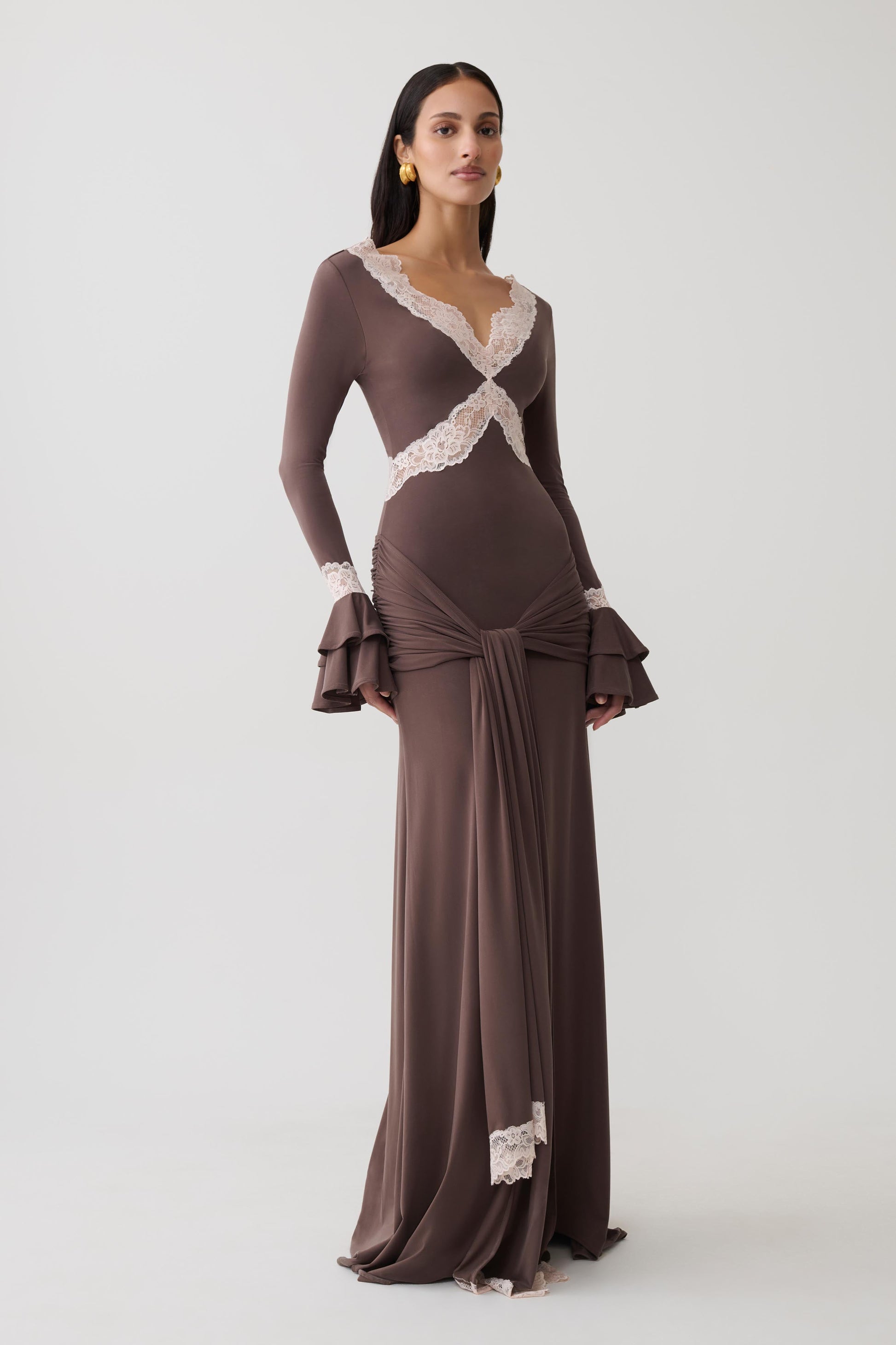 Electra Slinky Lace Maxi Dress - Chocolate/Ballet Pink #5