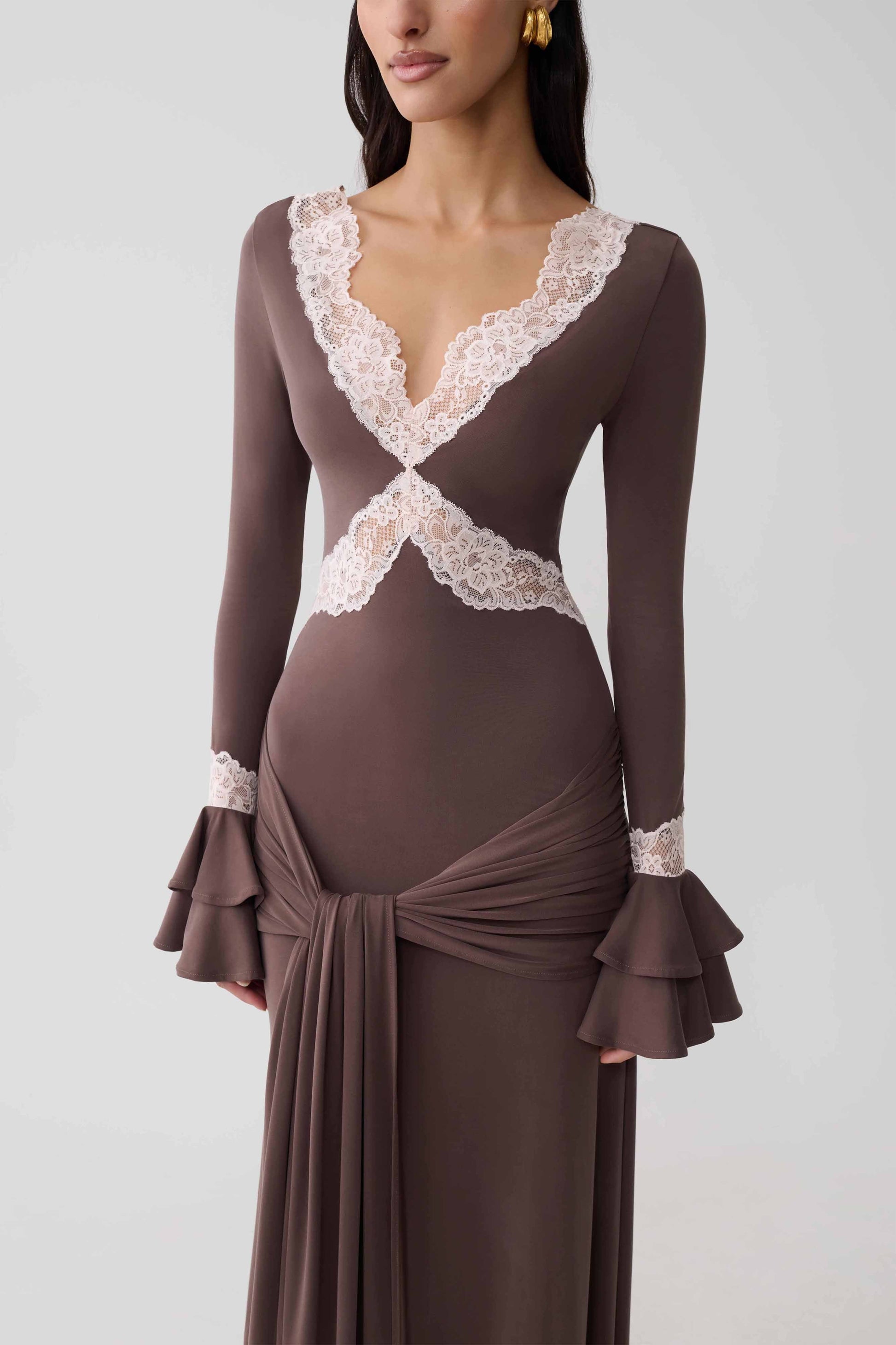 Electra Slinky Lace Maxi Dress - Chocolate/Ballet Pink #4