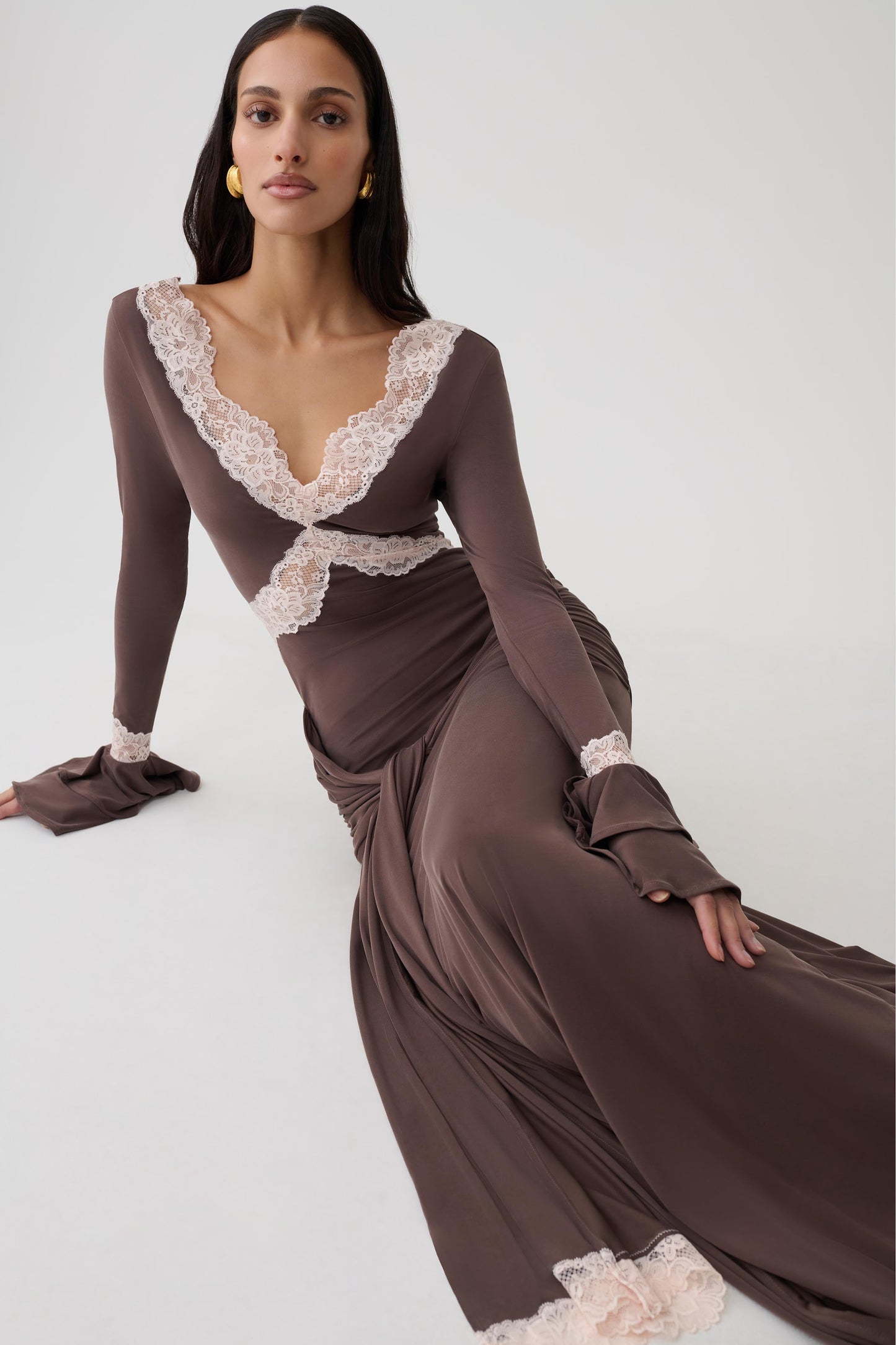 Electra Slinky Lace Maxi Dress - Chocolate/Ballet Pink