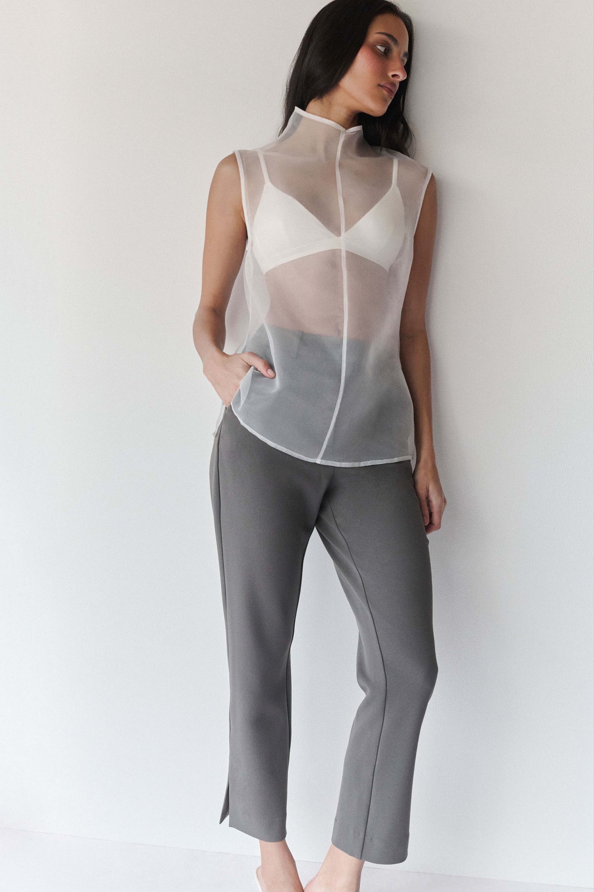 Lillian High Neck Sheer Sleeveless Top - White #3