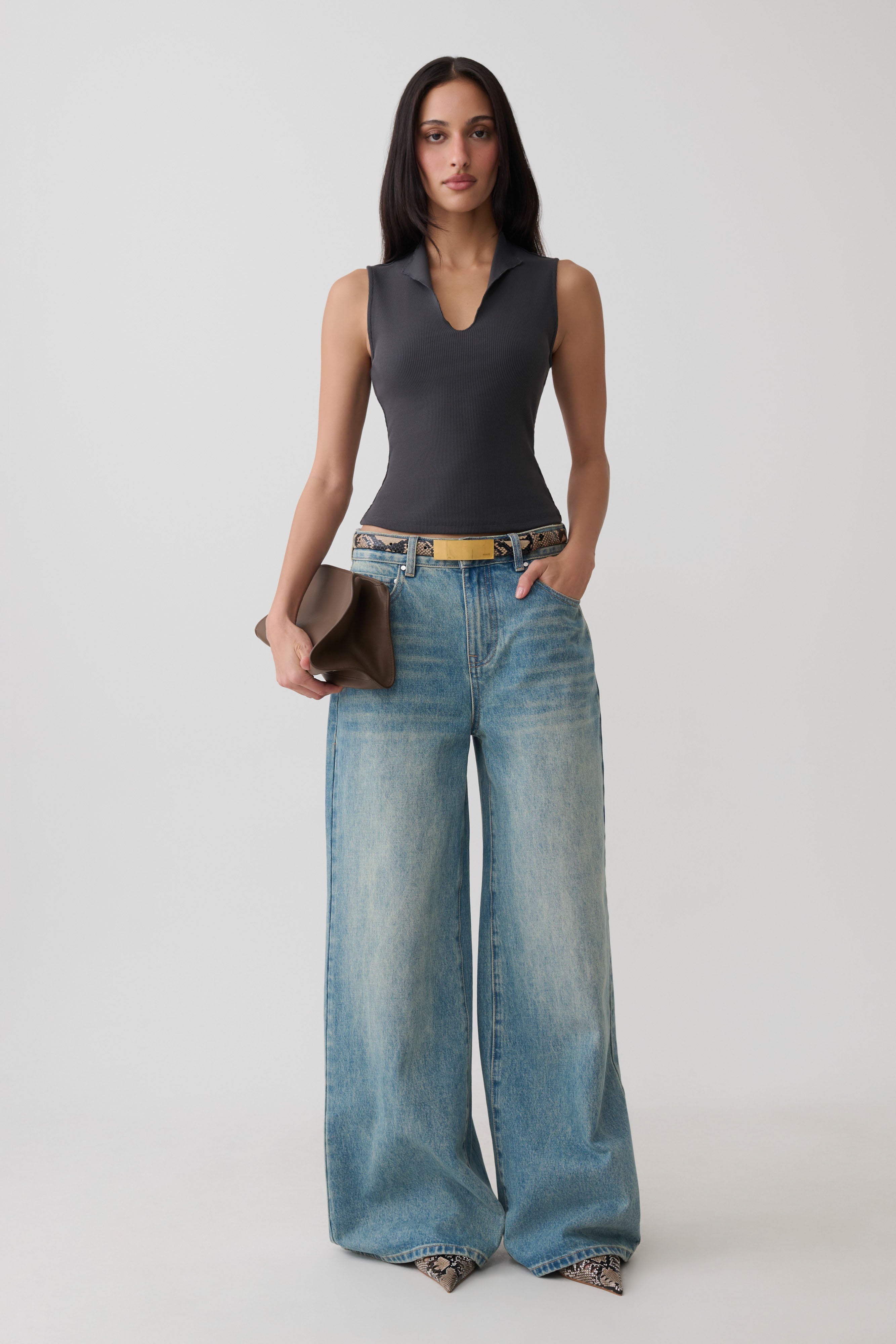 Myrtle Ribbed Sleeveless Lapel Top - Dark Charcoal | MESHKI US