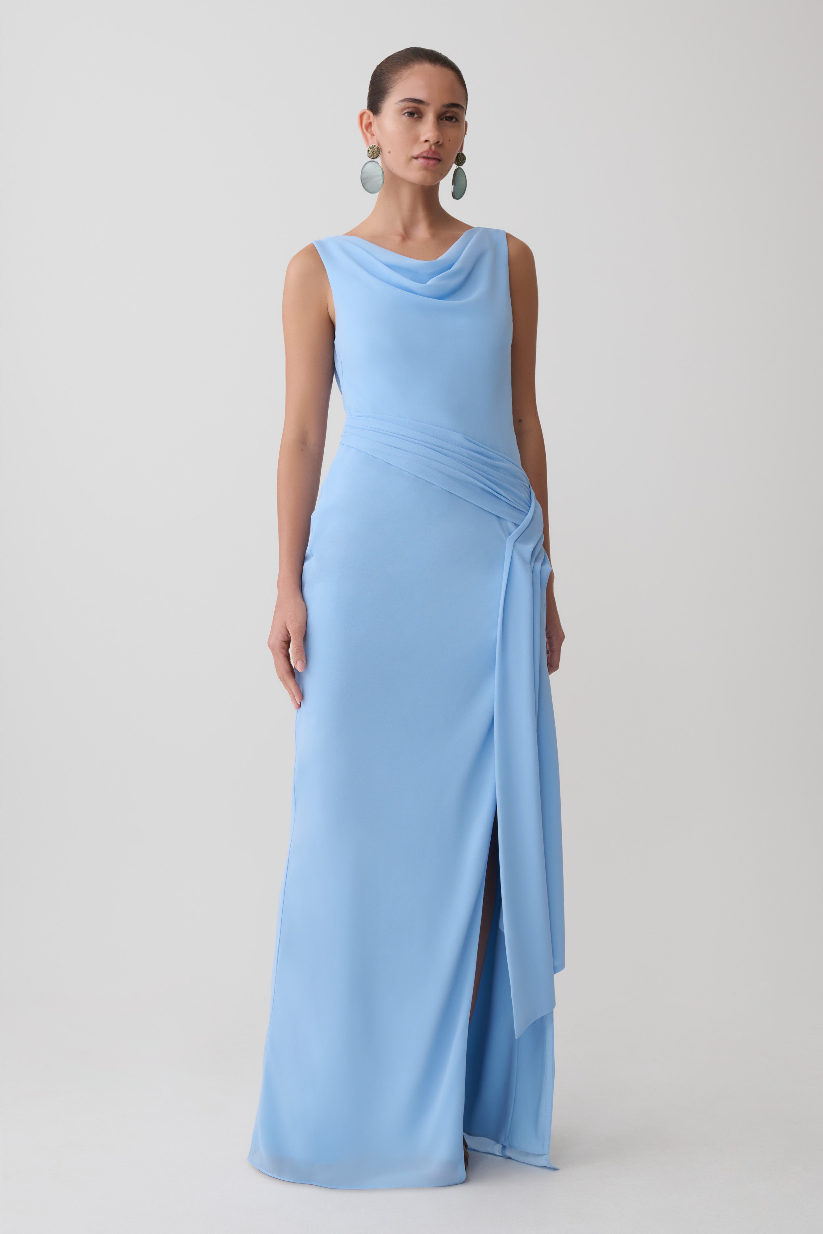 Marjorie Draped Back Chiffon Maxi Dress - Sky Blue | MESHKI US