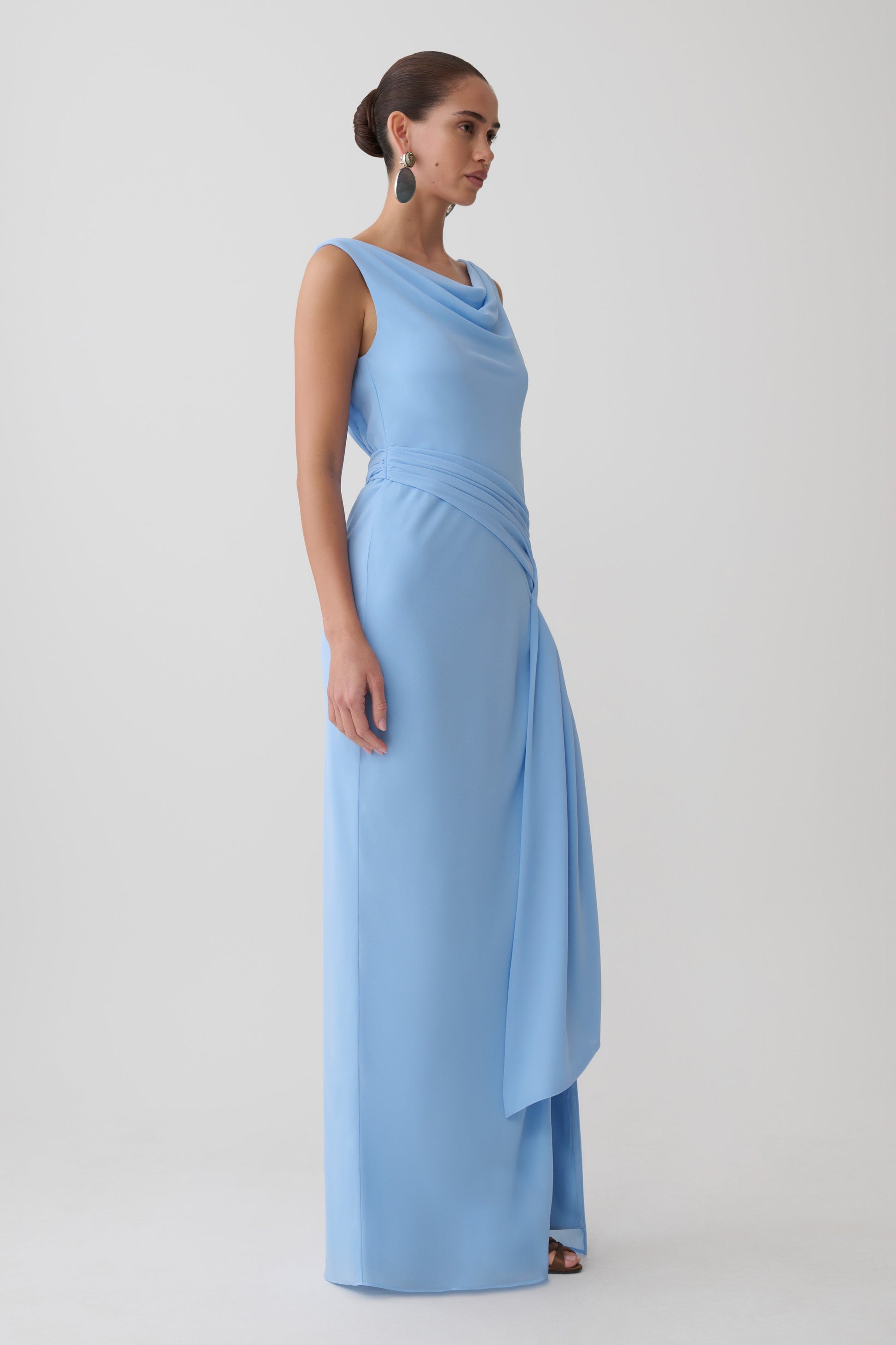 Marjorie Draped Back Chiffon Maxi Dress / Sky Blue | MESHKI