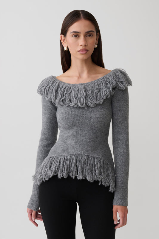 Sammie Fringe Knit Top - Charcoal