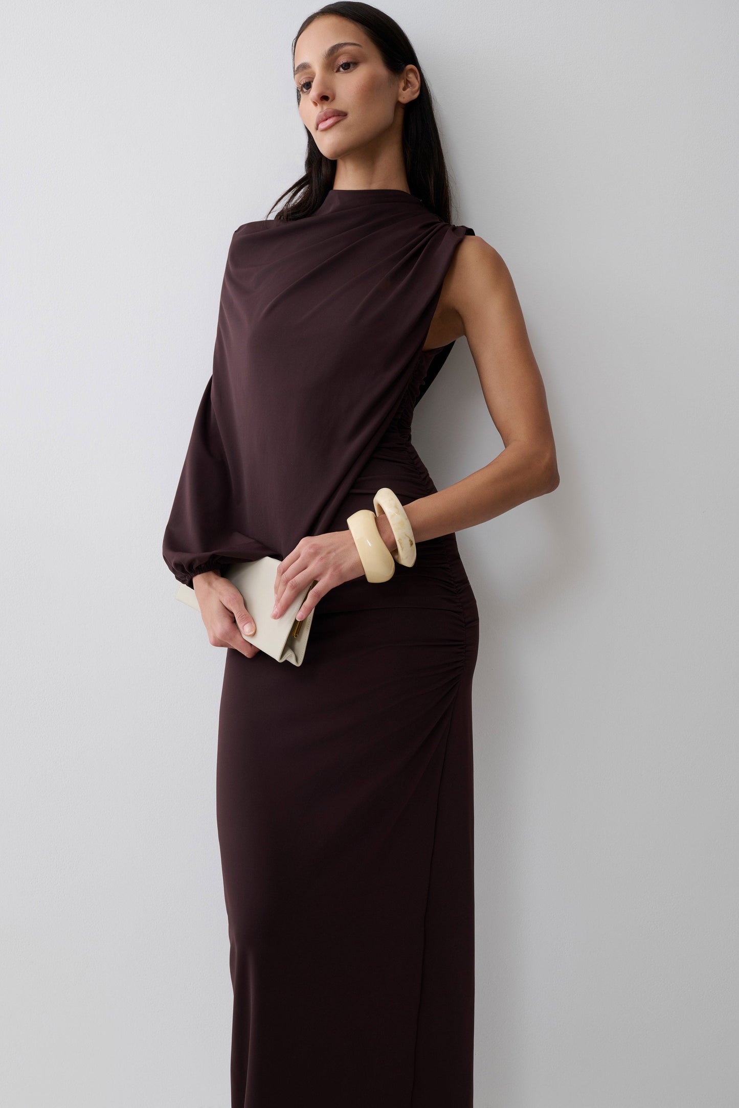 Yuri Gather Sleeve Maxi Dress - Chocolate