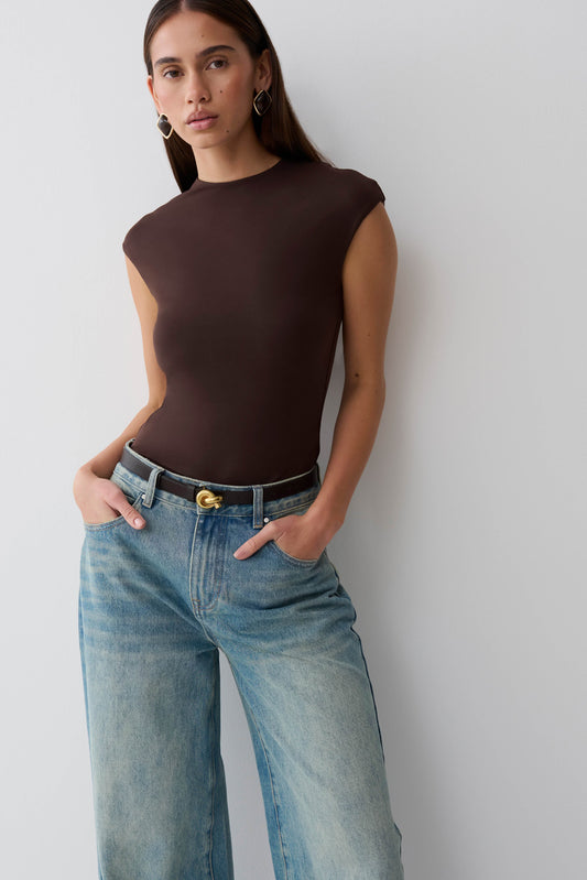 Chai Peached Jersey High Neck Top - Chocolate