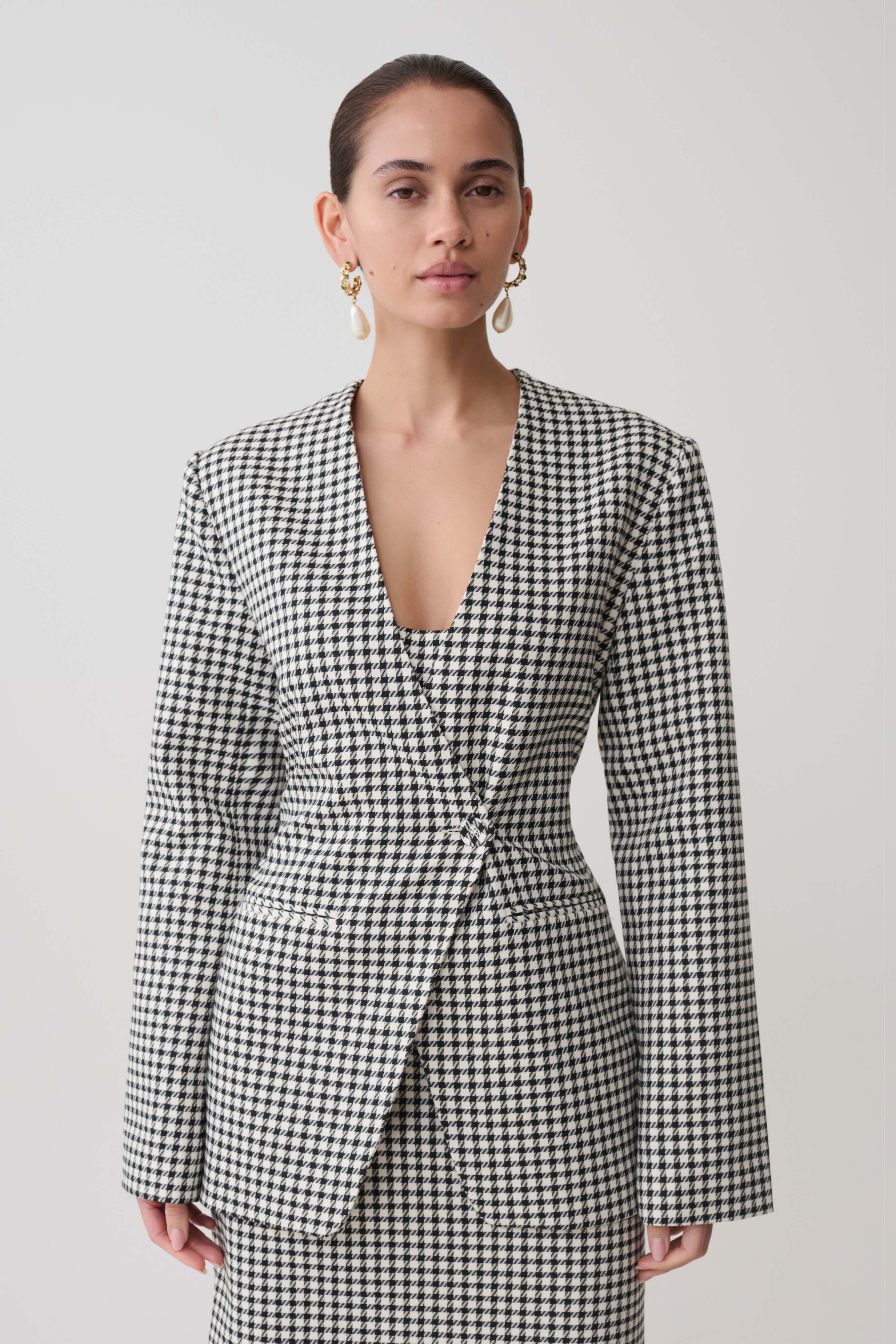 Darcie Drop Shoulder Suiting Blazer - Houndstooth | MESHKI US