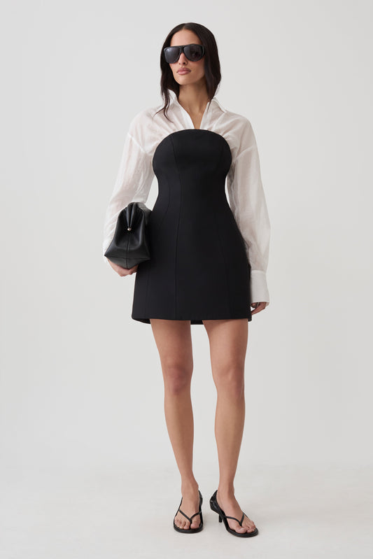 Jenna Long Sleeve Mini Dress With Detachable Shirt - Black/White