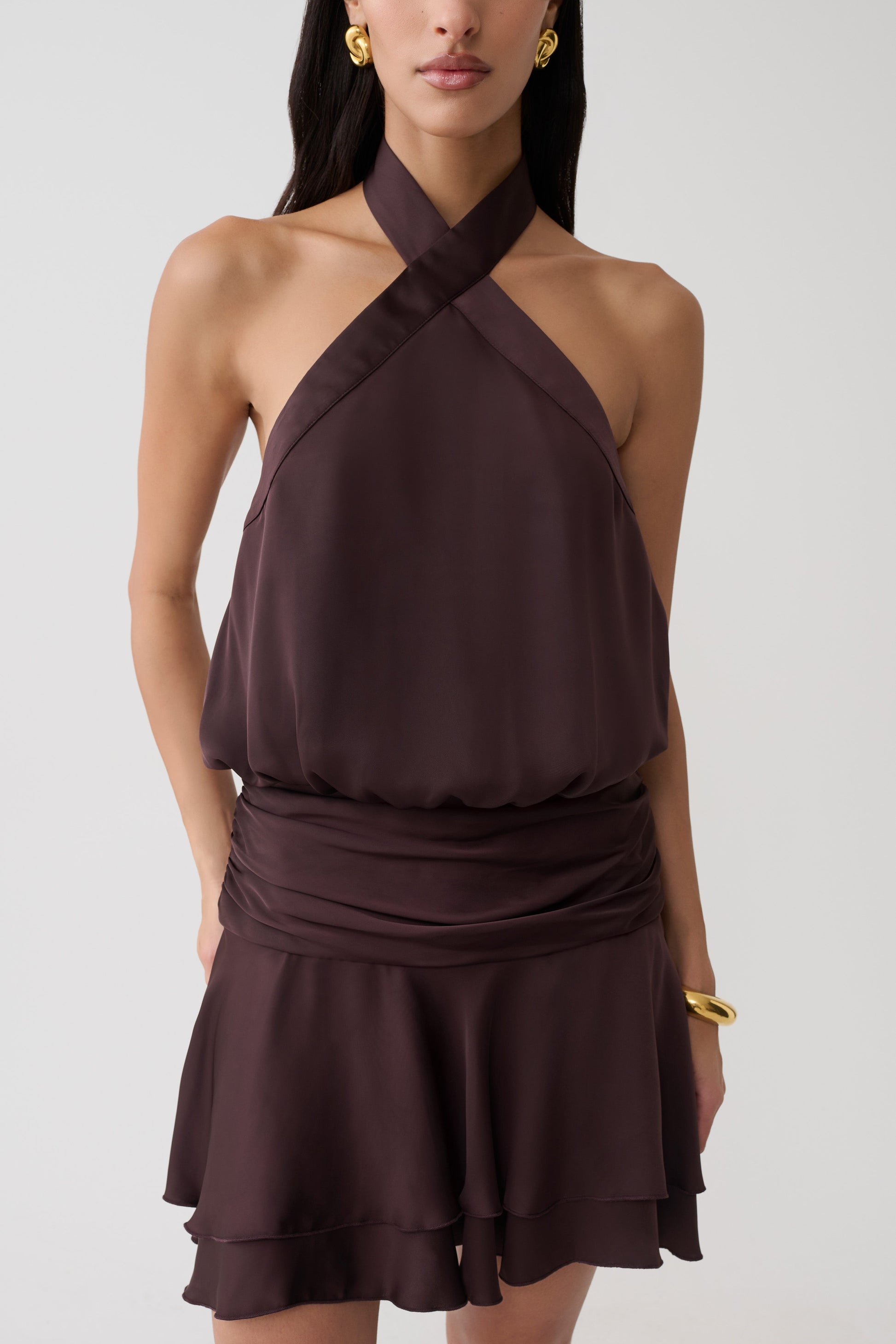 silk halter top dress Poppy Satin Mini / Chocolate | MESHKI Women's Already Thinking About while the open back High Street Prom Dresses Size:UK Size 18