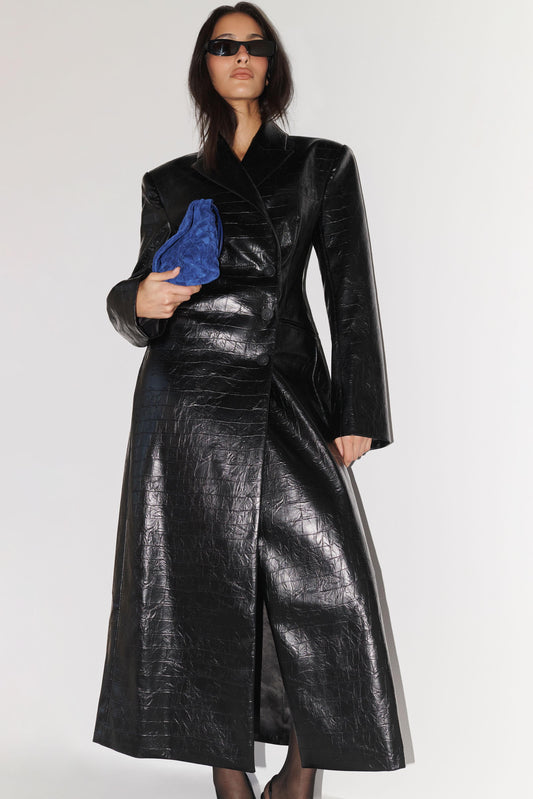 Rundy Croc Faux Leather Coat - Black