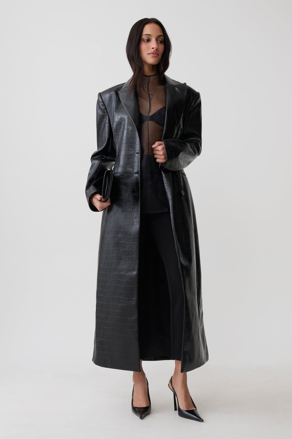 Rundy Croc Faux Leather Coat - Black