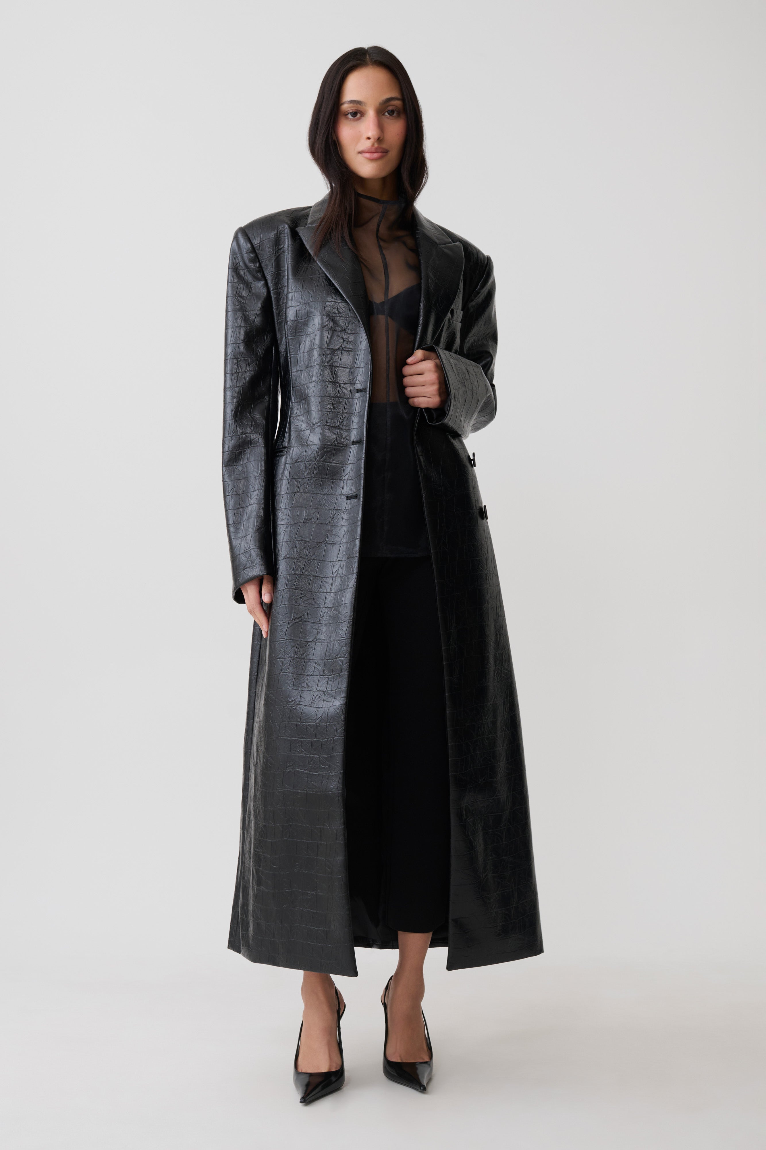 最安値timeison DAPPER LEATHER COAT Rundy Croc Faux Leather Coat - Black | MESHKI US