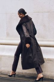 Rebekah Oversized Pu Trench Coat With Fur Trim - Dark Brown