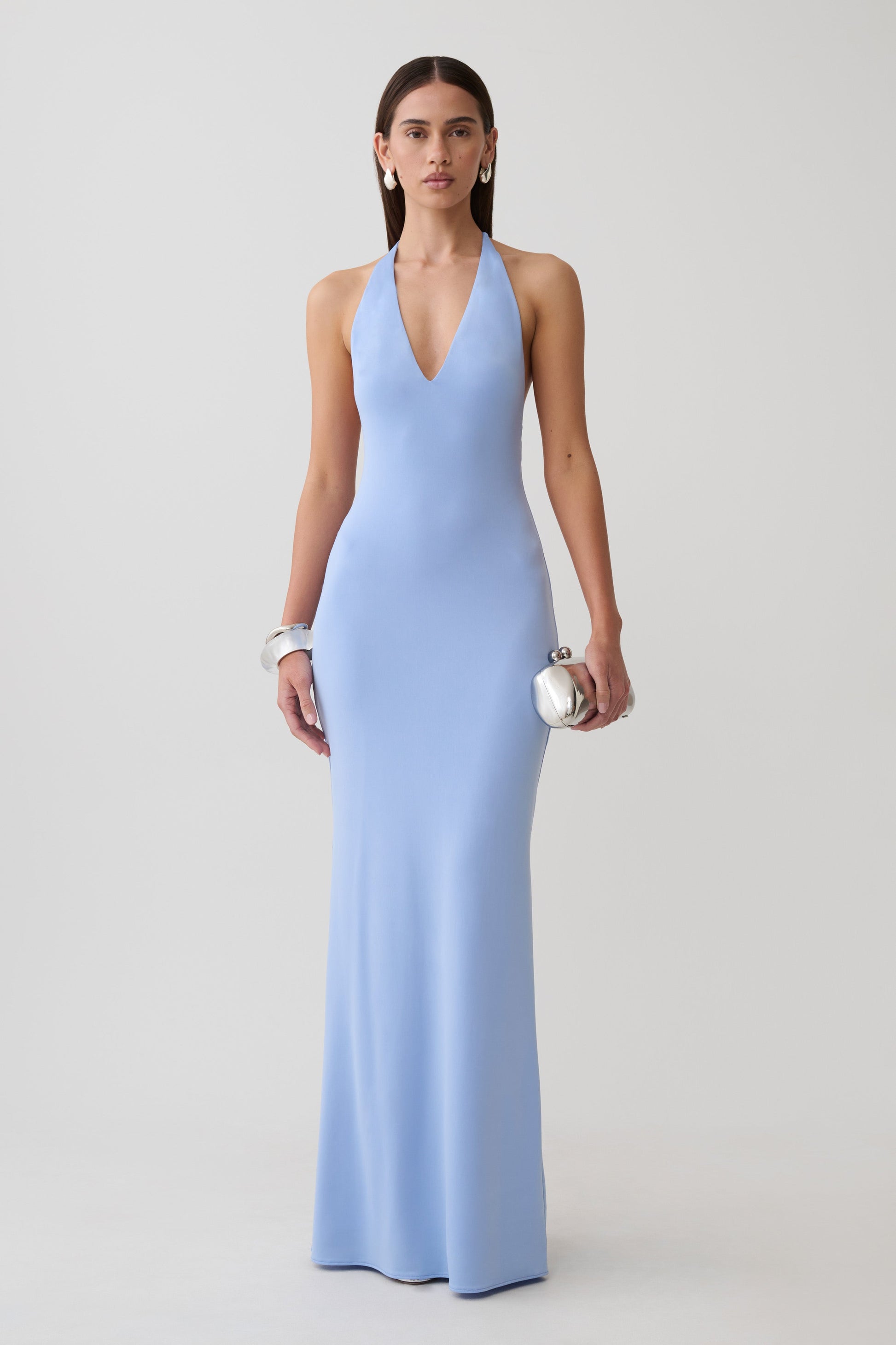 Hana Slinky Plunge Maxi Dress - Sea Blue