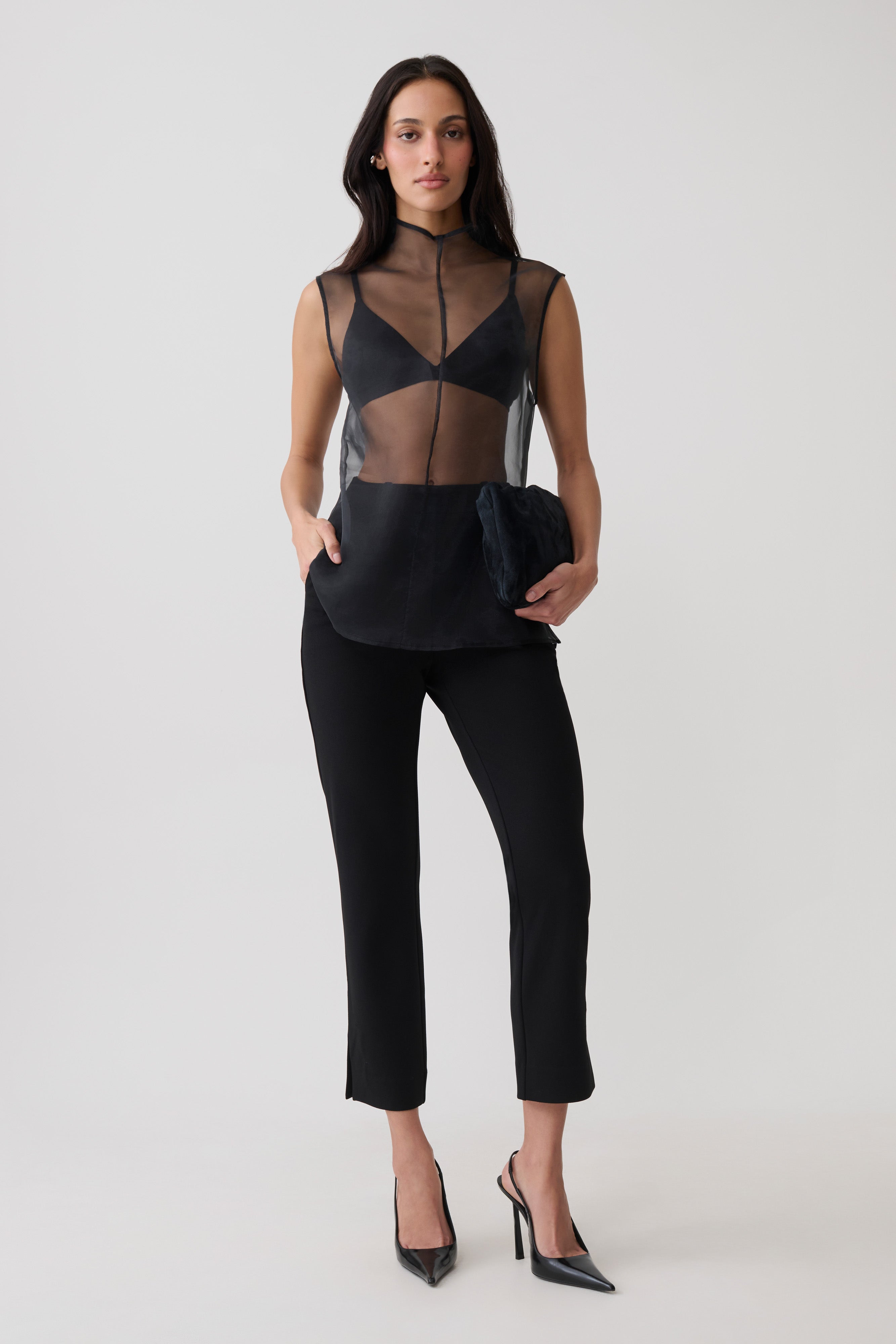 Lillian High Neck Sheer Sleeveless Top - Black | MESHKI US