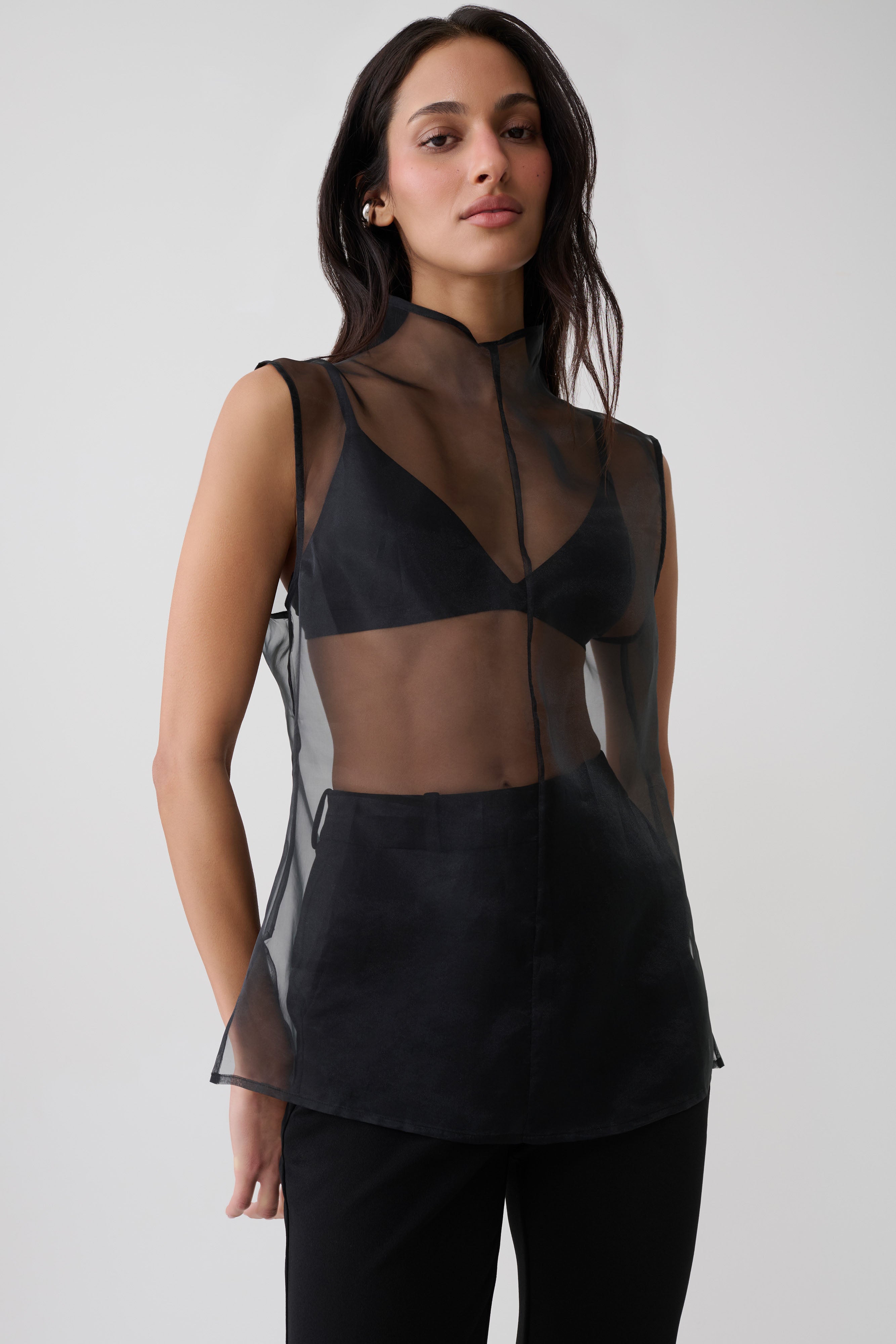 Lillian High Neck Sheer Sleeveless Top - Black | MESHKI US