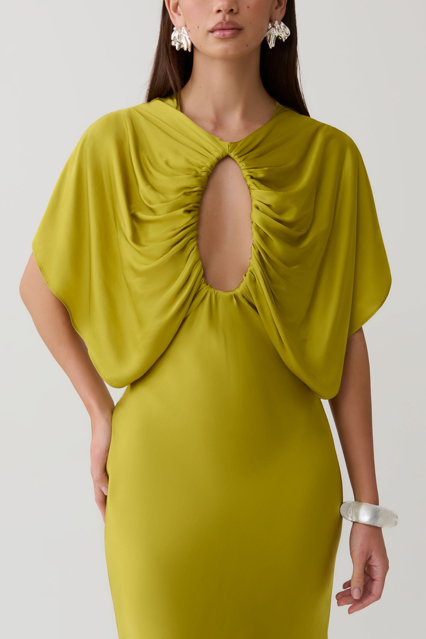 Mona Cut Out Satin Midi Dress - Chartreuse