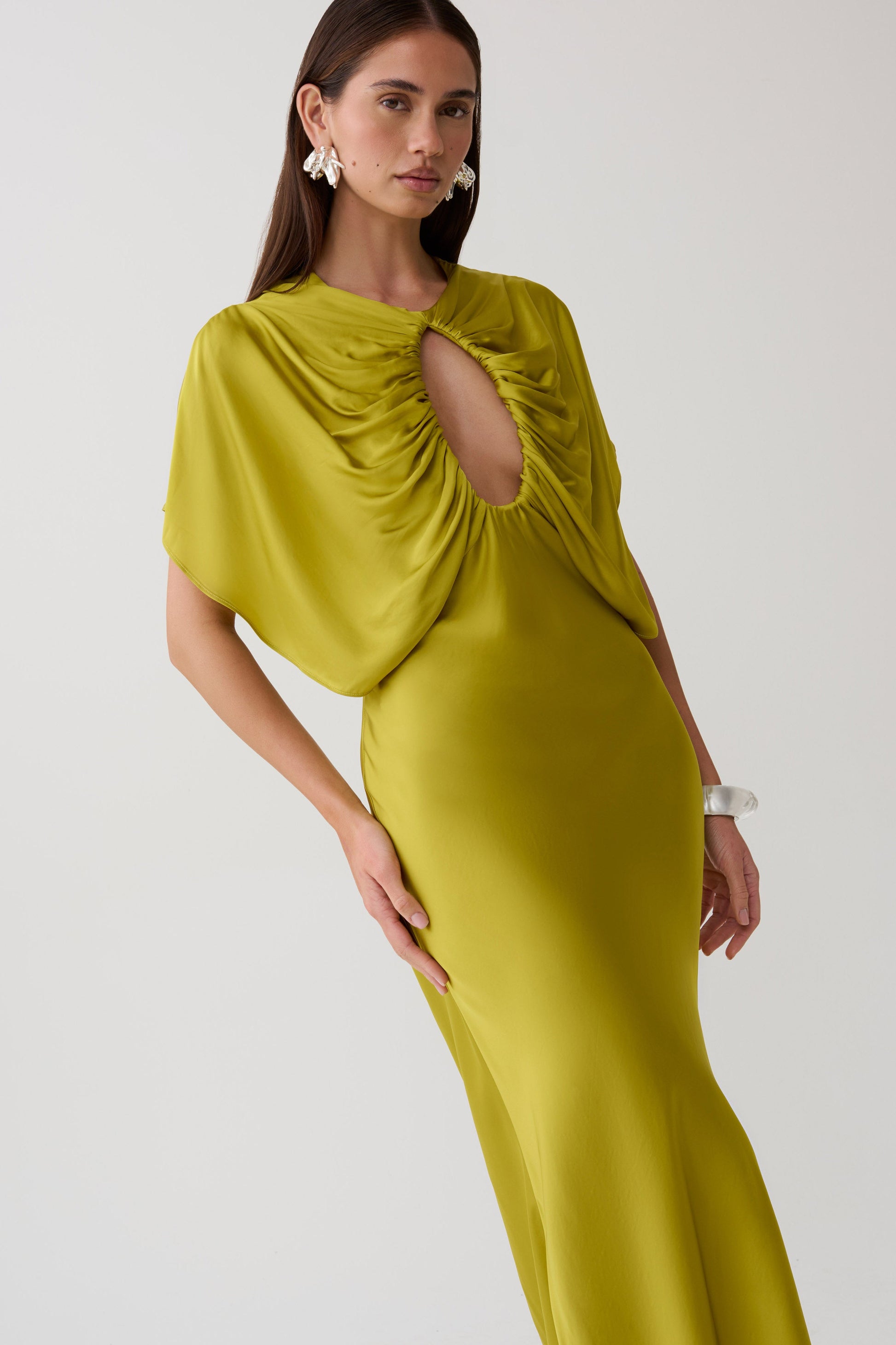 Mona Cut Out Satin Midi Dress - Chartreuse #5