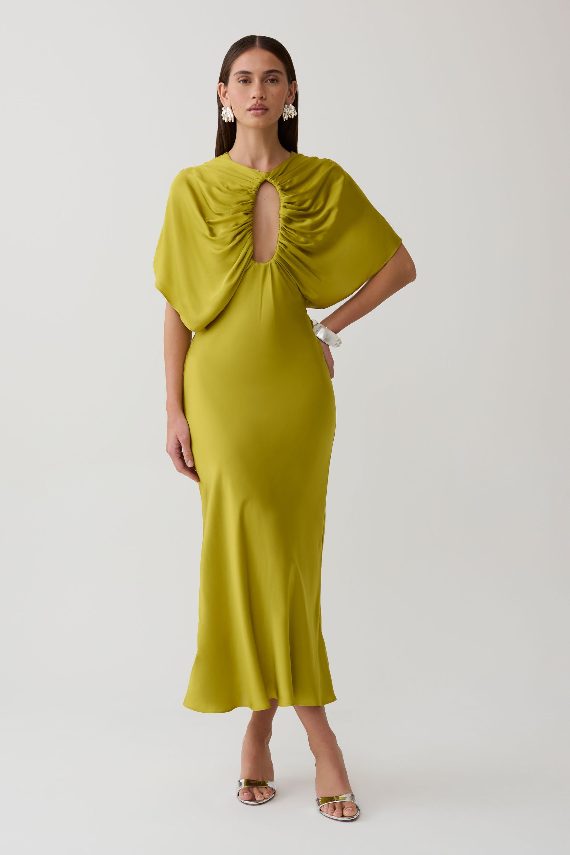 Mona Cut Out Satin Midi Dress - Chartreuse #2